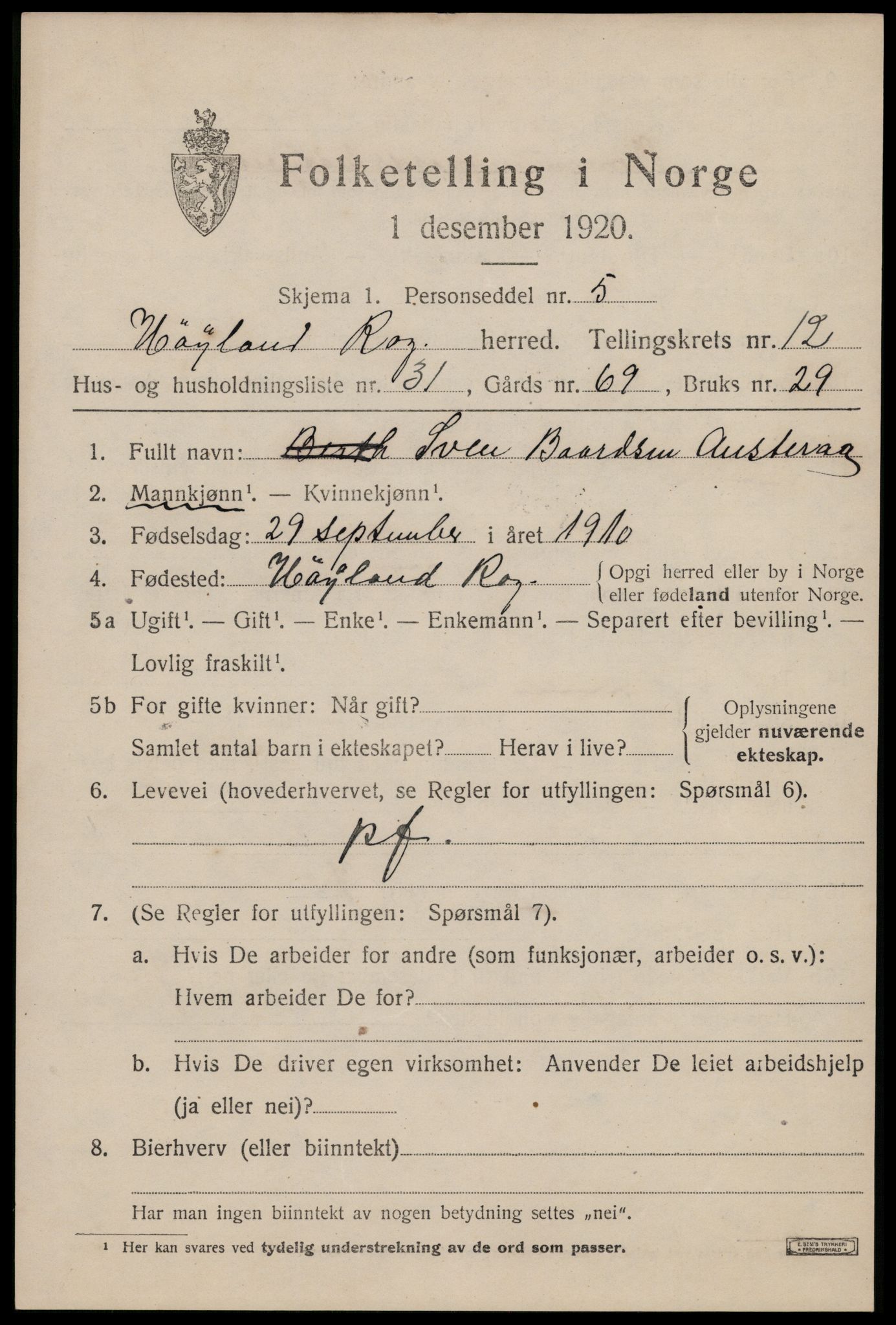 SAST, 1920 census for Høyland, 1920, p. 9710