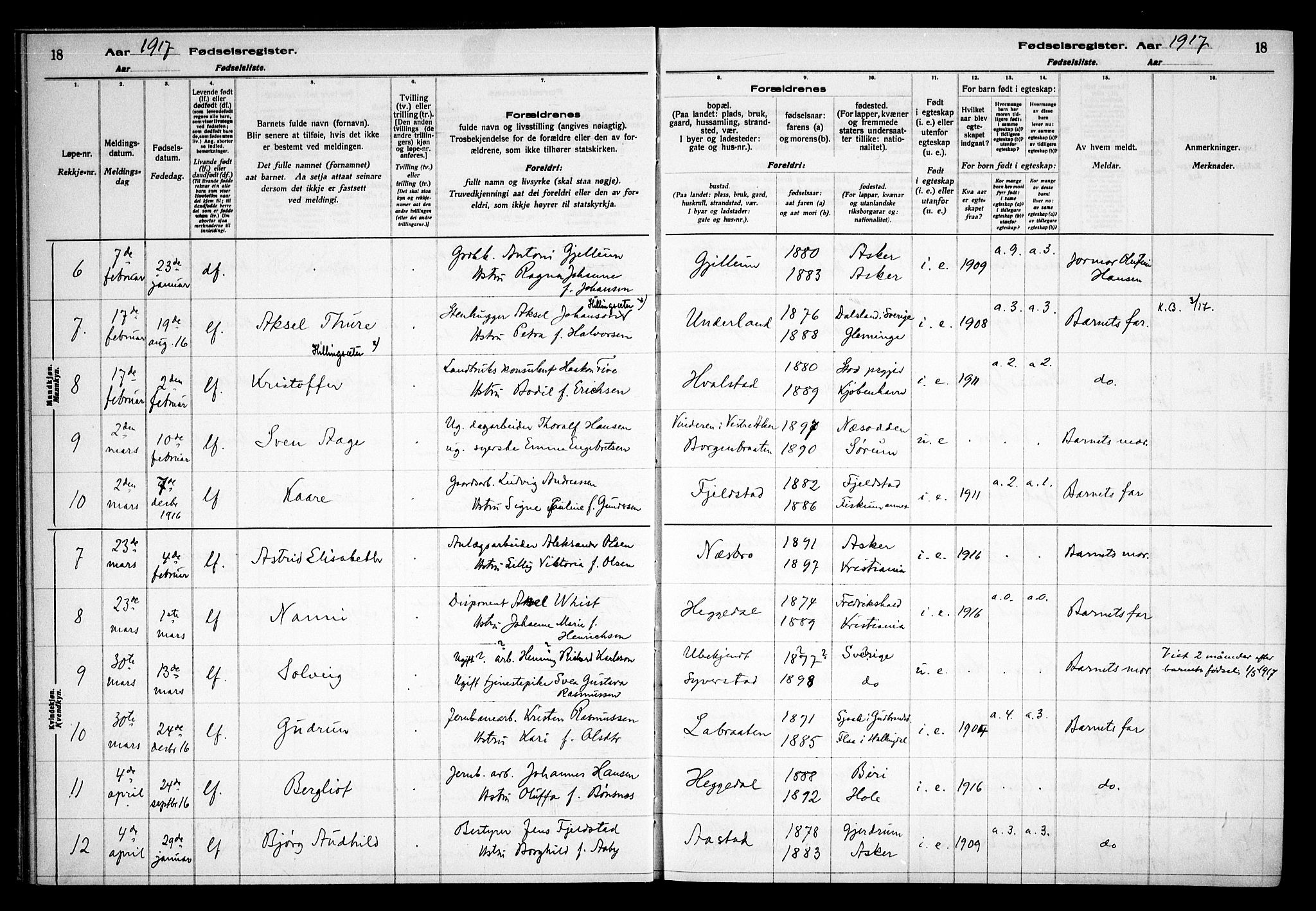 Asker prestekontor Kirkebøker, SAO/A-10256a/J/L0001: Birth register no. 1, 1916-1925, p. 18