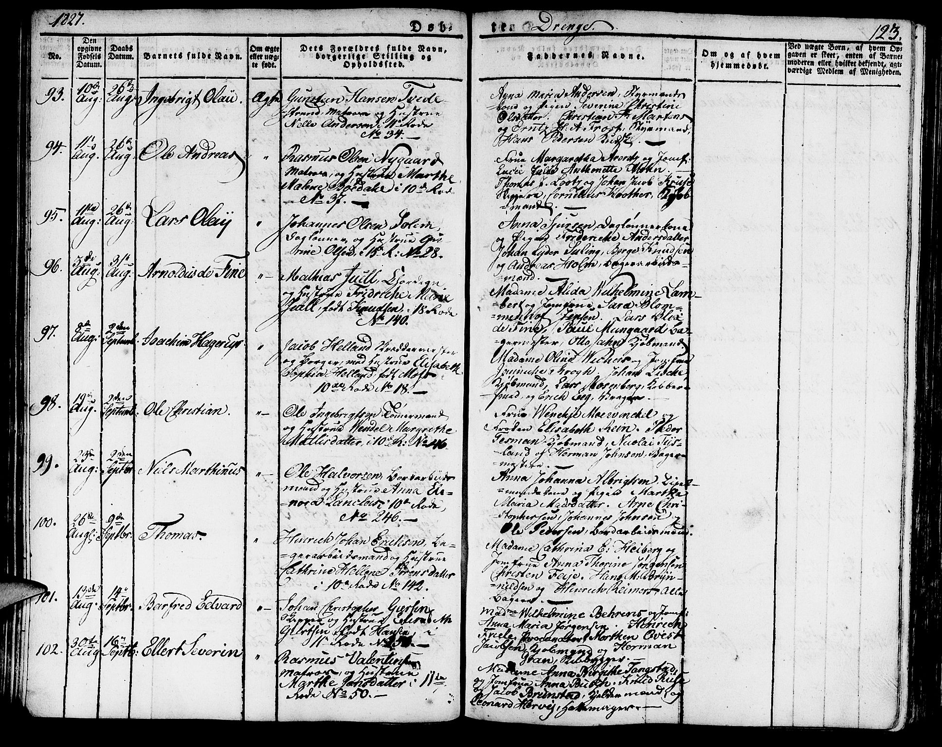 Domkirken sokneprestembete, AV/SAB-A-74801/H/Haa/L0012: Parish register (official) no. A 12, 1821-1840, p. 123