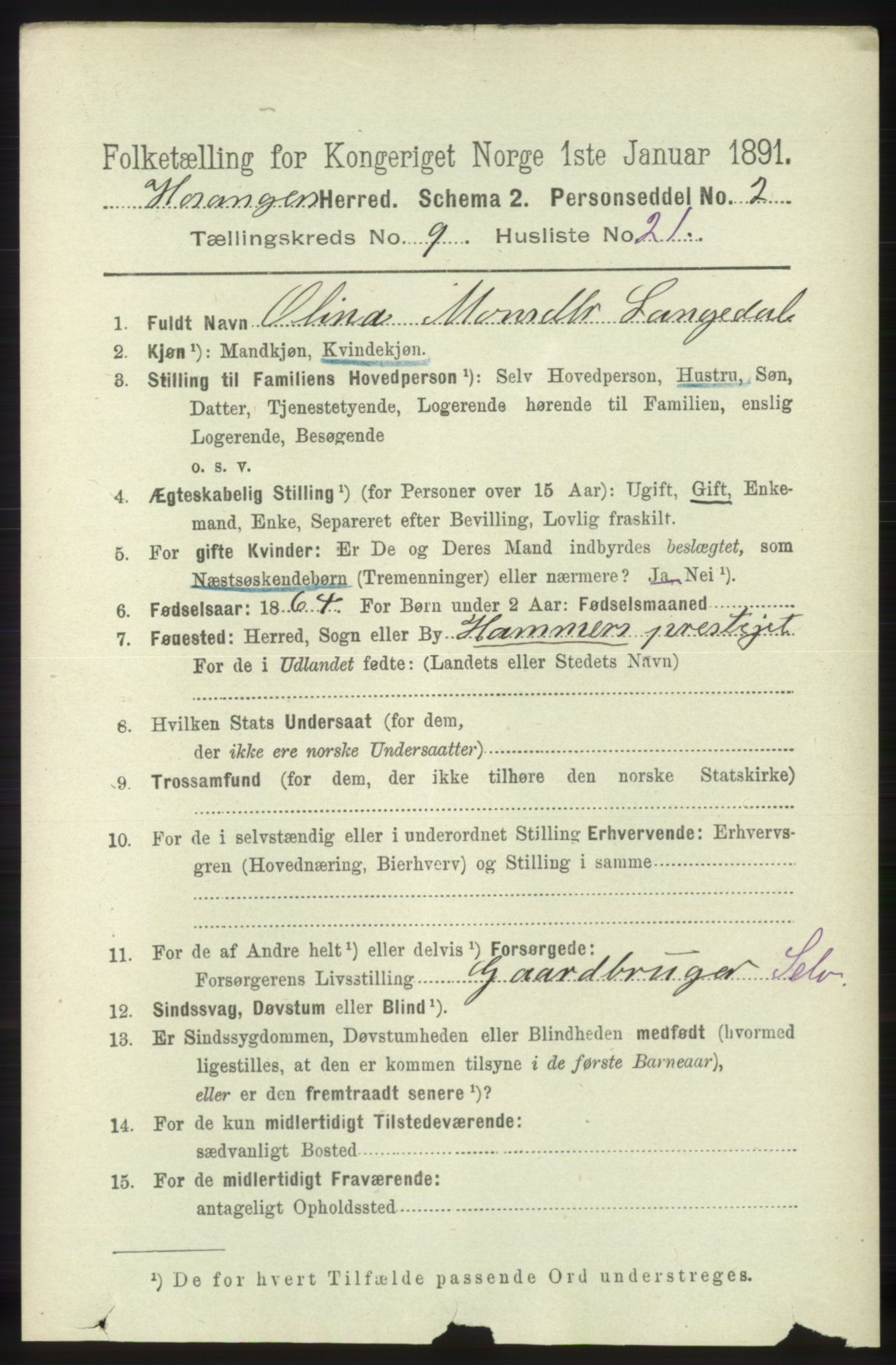 RA, 1891 census for 1253 Hosanger, 1891, p. 3416