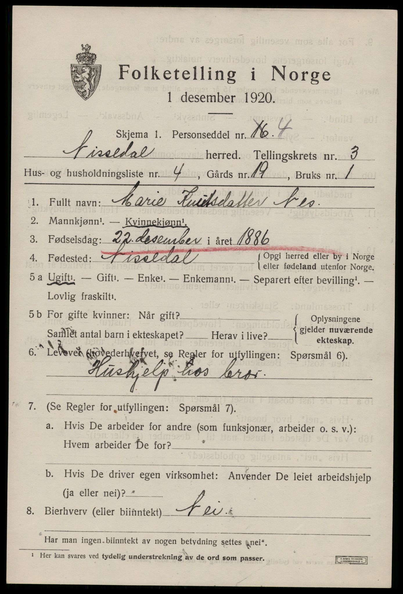 SAKO, 1920 census for Nissedal, 1920, p. 1527