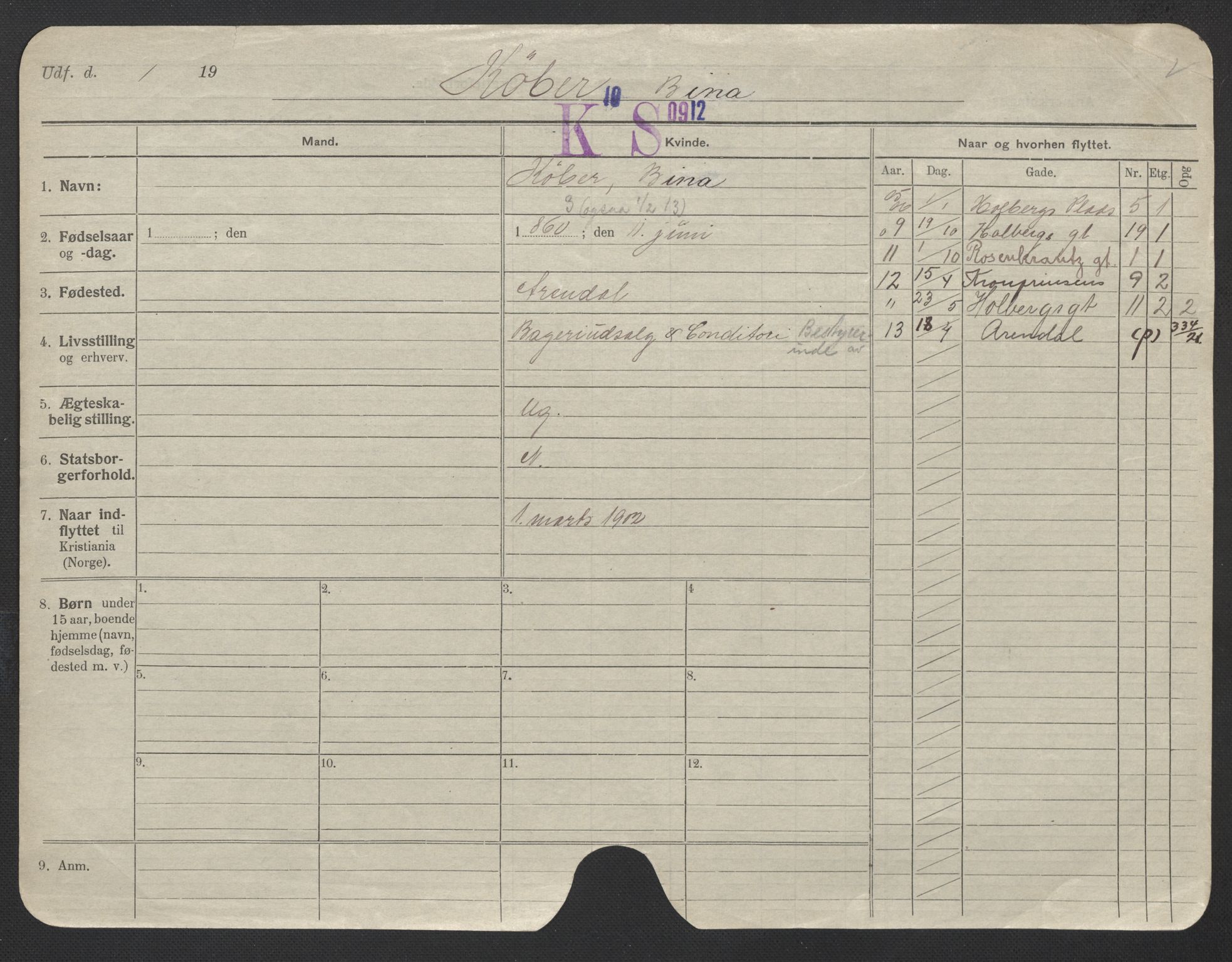 Oslo folkeregister, Registerkort, AV/SAO-A-11715/F/Fa/Fac/L0019: Kvinner, 1906-1914, p. 695a