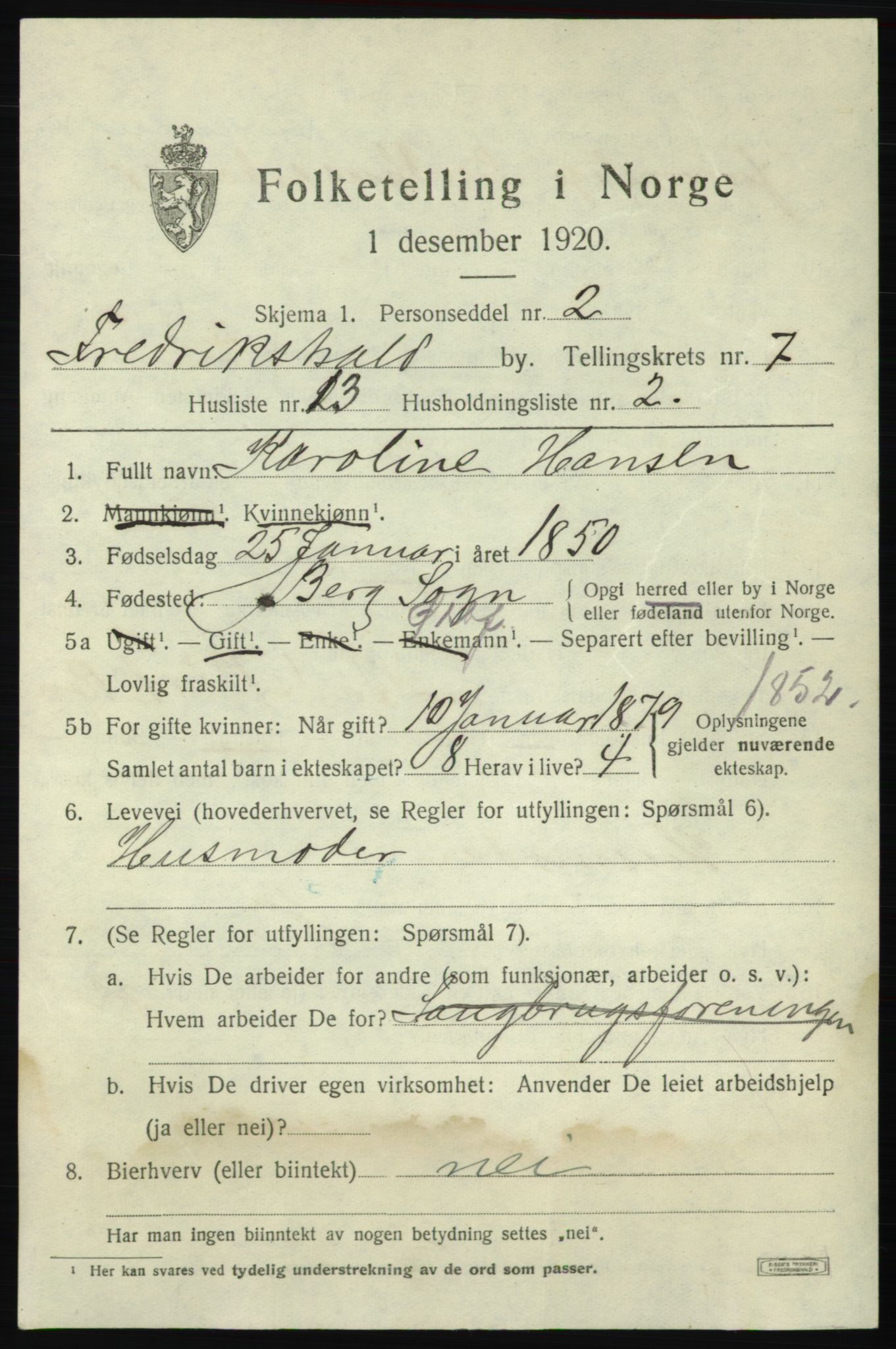 SAO, 1920 census for Fredrikshald, 1920, p. 14114