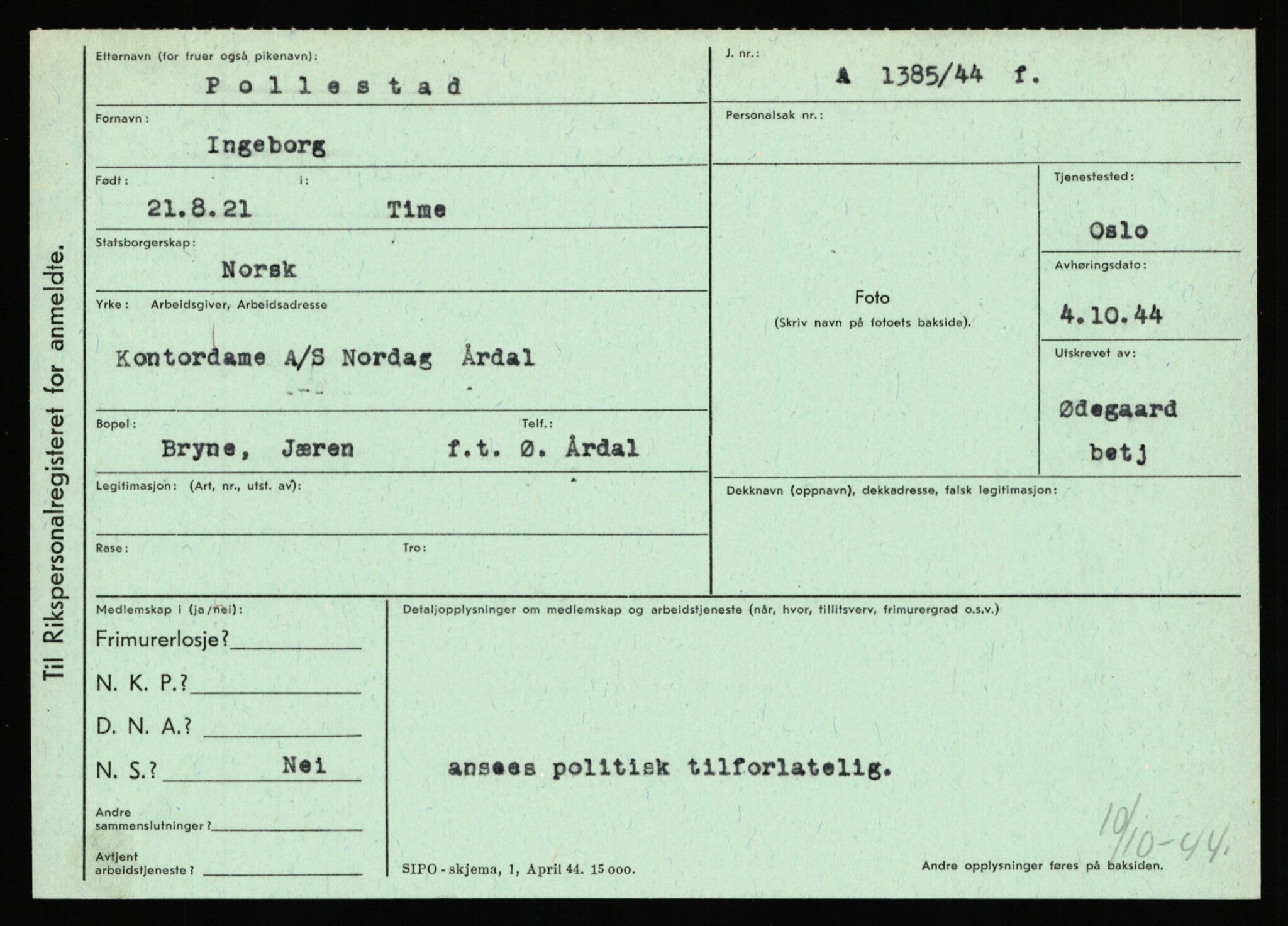 Statspolitiet - Hovedkontoret / Osloavdelingen, AV/RA-S-1329/C/Ca/L0012: Oanæs - Quistgaard	, 1943-1945, p. 4704