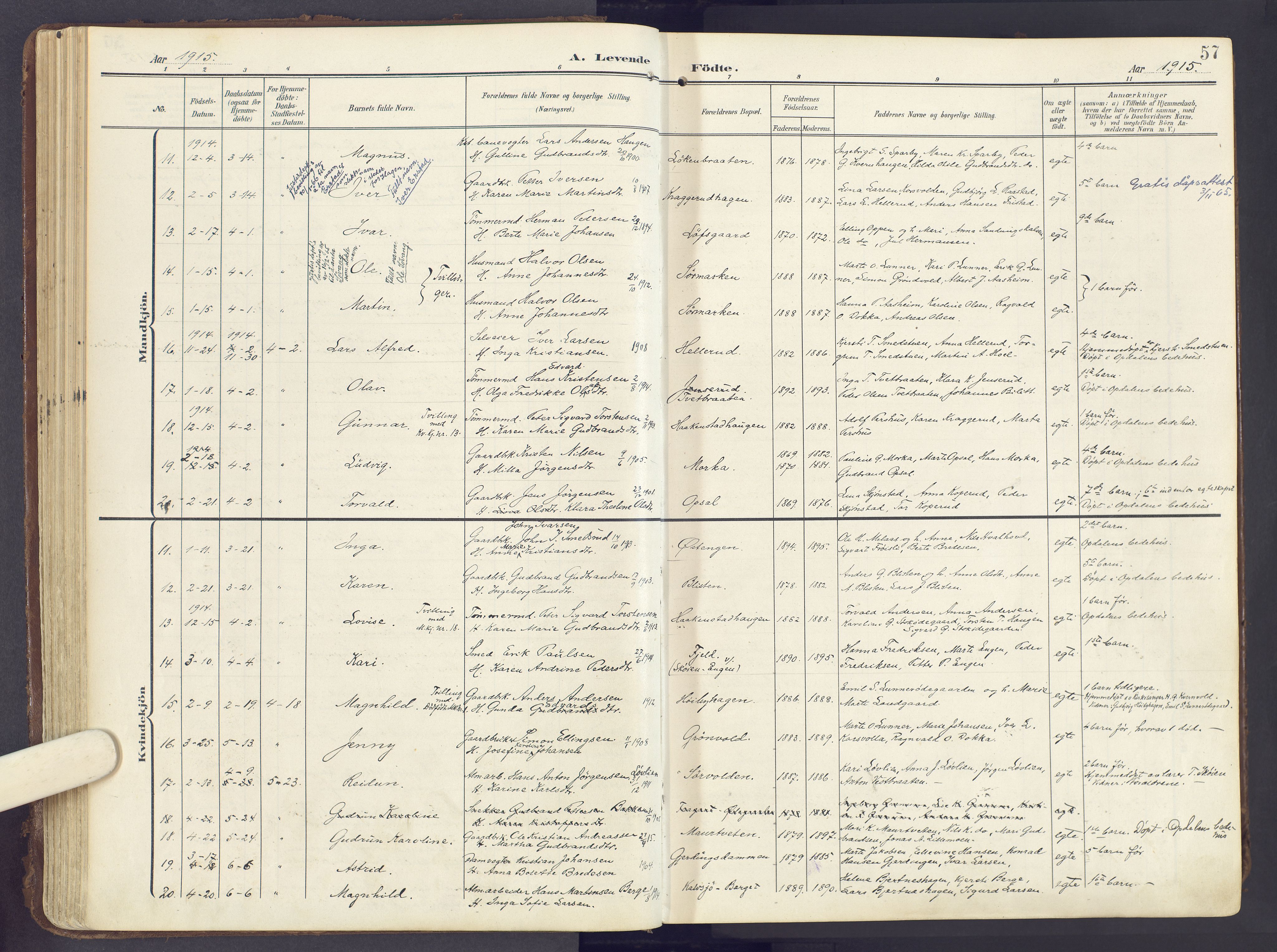 Lunner prestekontor, AV/SAH-PREST-118/H/Ha/Haa/L0001: Parish register (official) no. 1, 1907-1922, p. 57