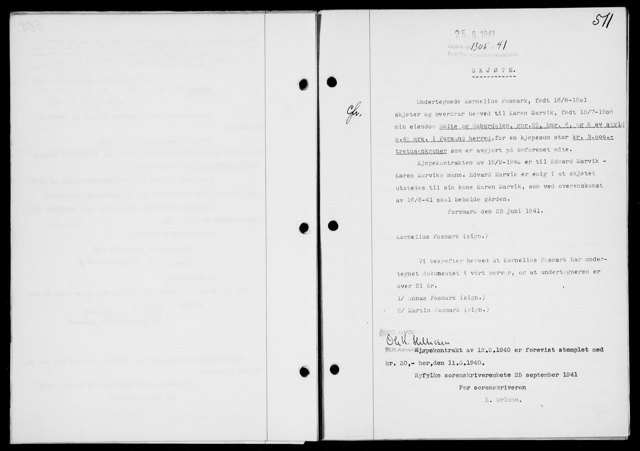 Ryfylke tingrett, SAST/A-100055/001/II/IIB/L0085: Mortgage book no. 64, 1941-1941, Diary no: : 1305/1941