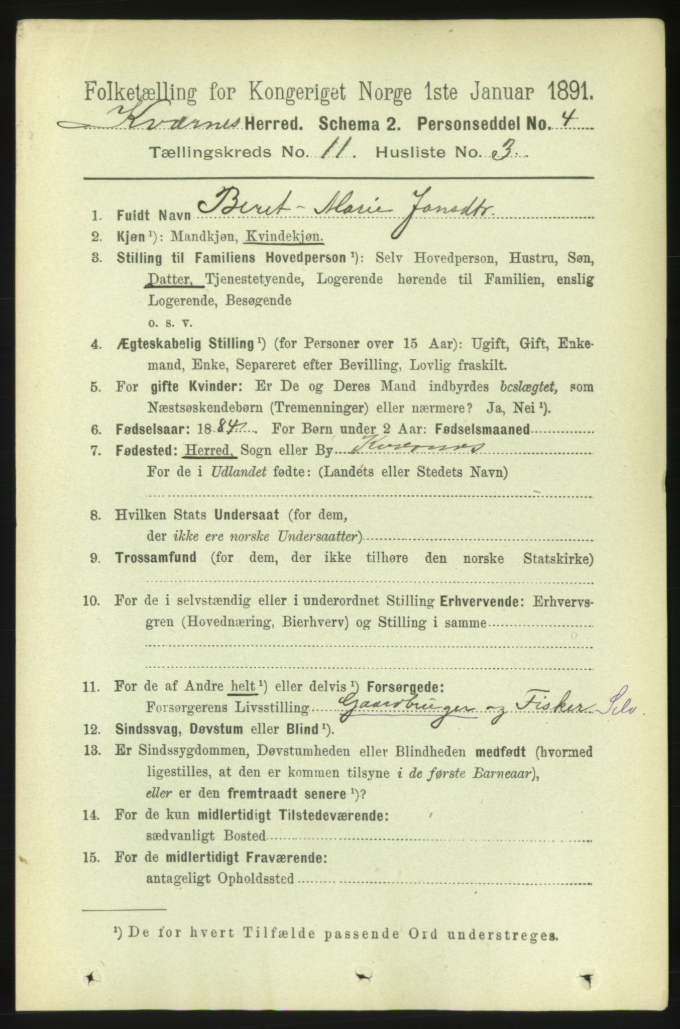 RA, 1891 census for 1553 Kvernes, 1891, p. 4825