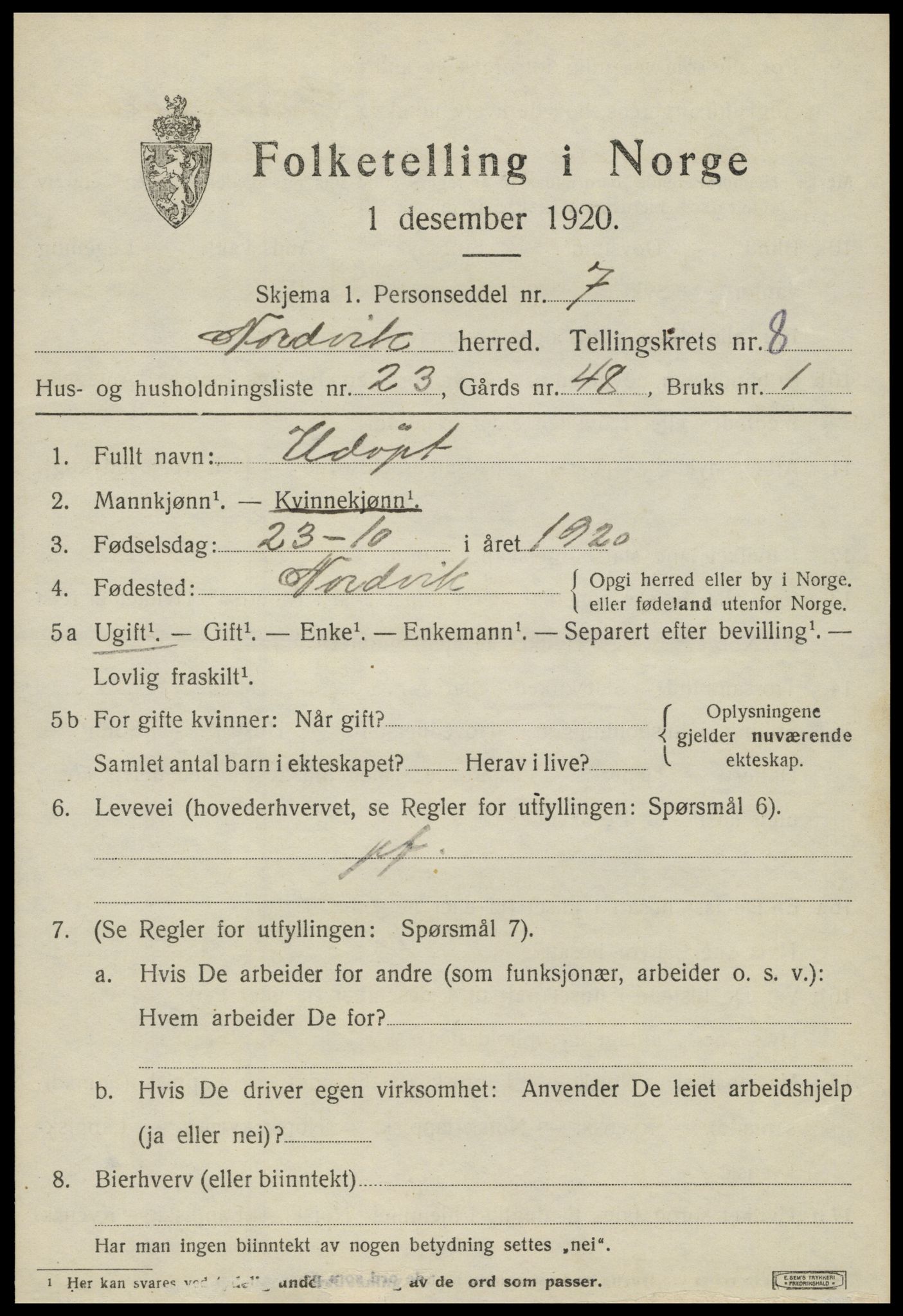 SAT, 1920 census for Nordvik, 1920, p. 3142