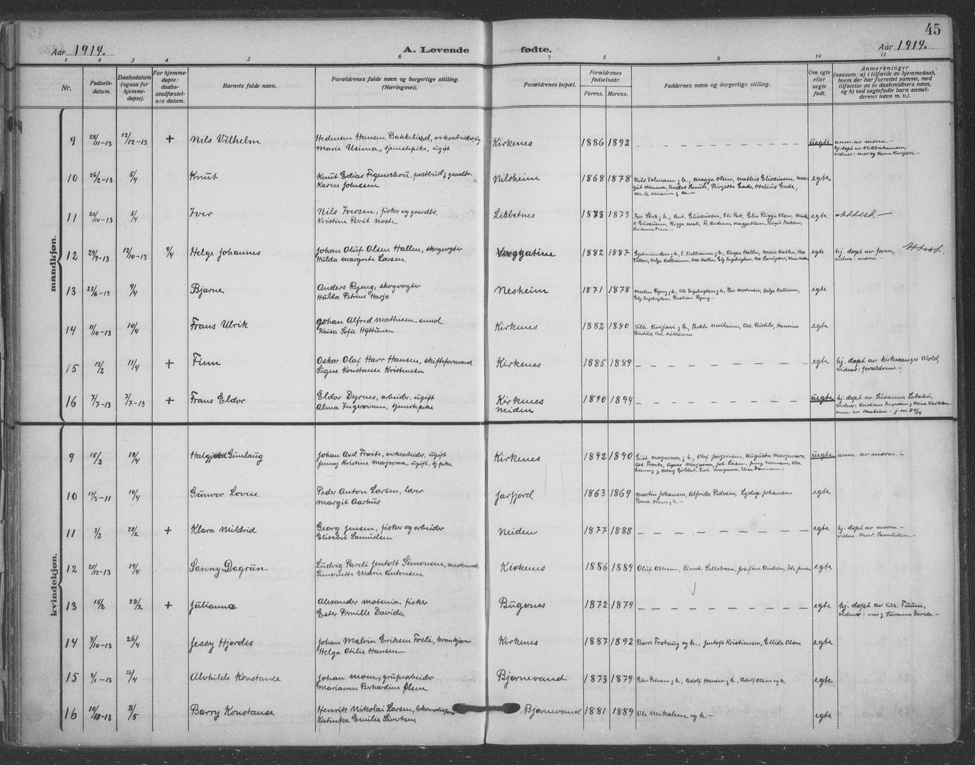 Sør-Varanger sokneprestkontor, SATØ/S-1331/H/Ha/L0005kirke: Parish register (official) no. 5, 1909-1919, p. 45