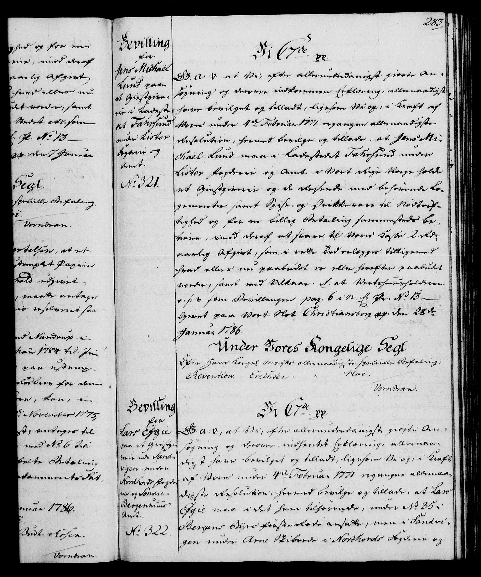 Rentekammeret, Kammerkanselliet, RA/EA-3111/G/Gg/Gga/L0013: Norsk ekspedisjonsprotokoll med register (merket RK 53.13), 1784-1787, p. 283