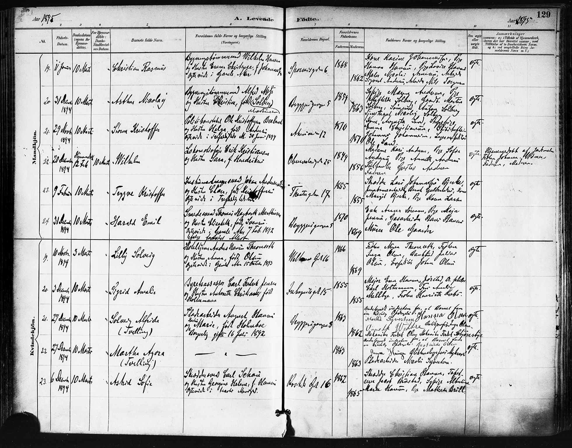 Trefoldighet prestekontor Kirkebøker, AV/SAO-A-10882/F/Fa/L0006: Parish register (official) no. I 6, 1891-1899, p. 129