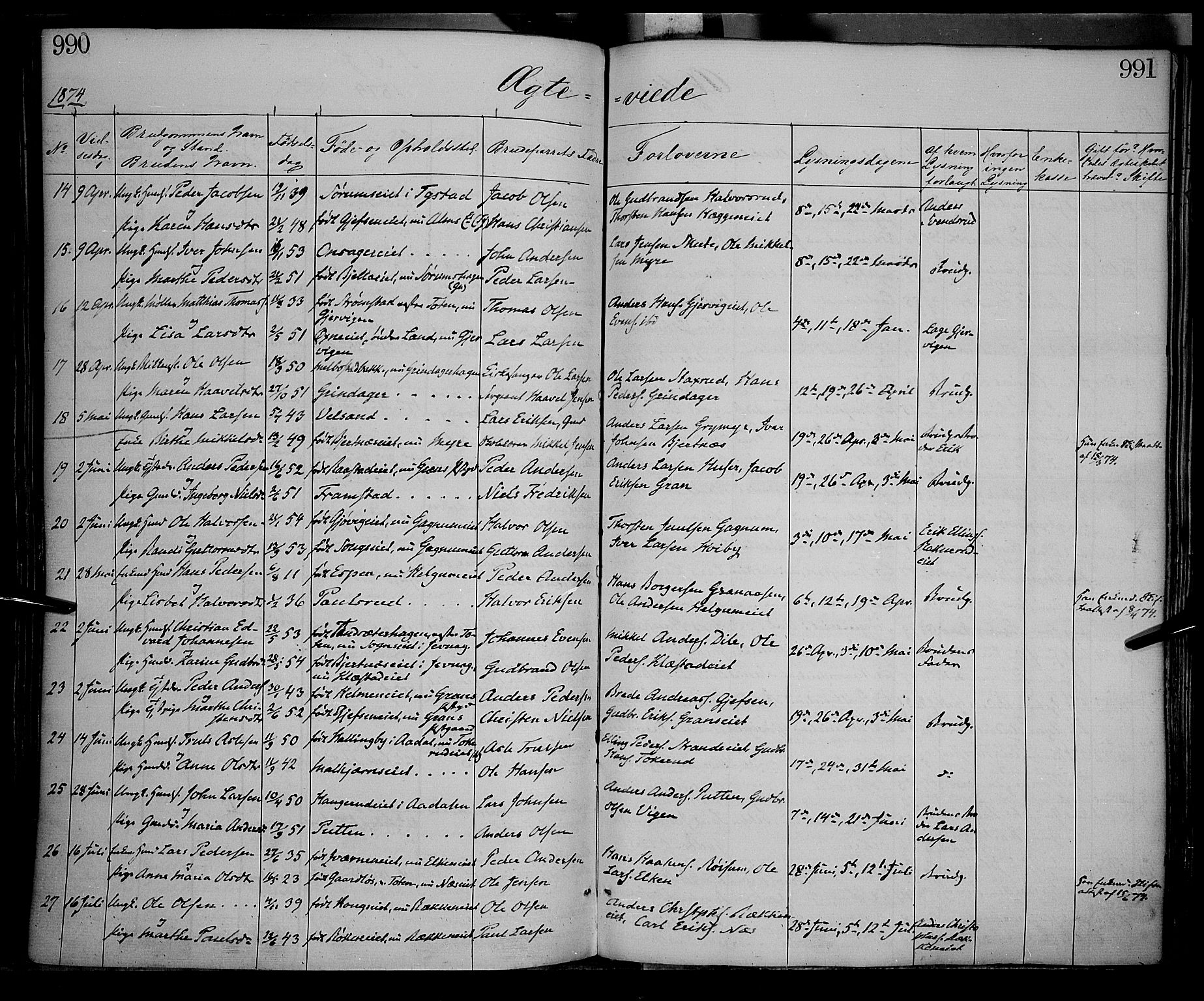 Gran prestekontor, SAH/PREST-112/H/Ha/Haa/L0012: Parish register (official) no. 12, 1856-1874, p. 990-991