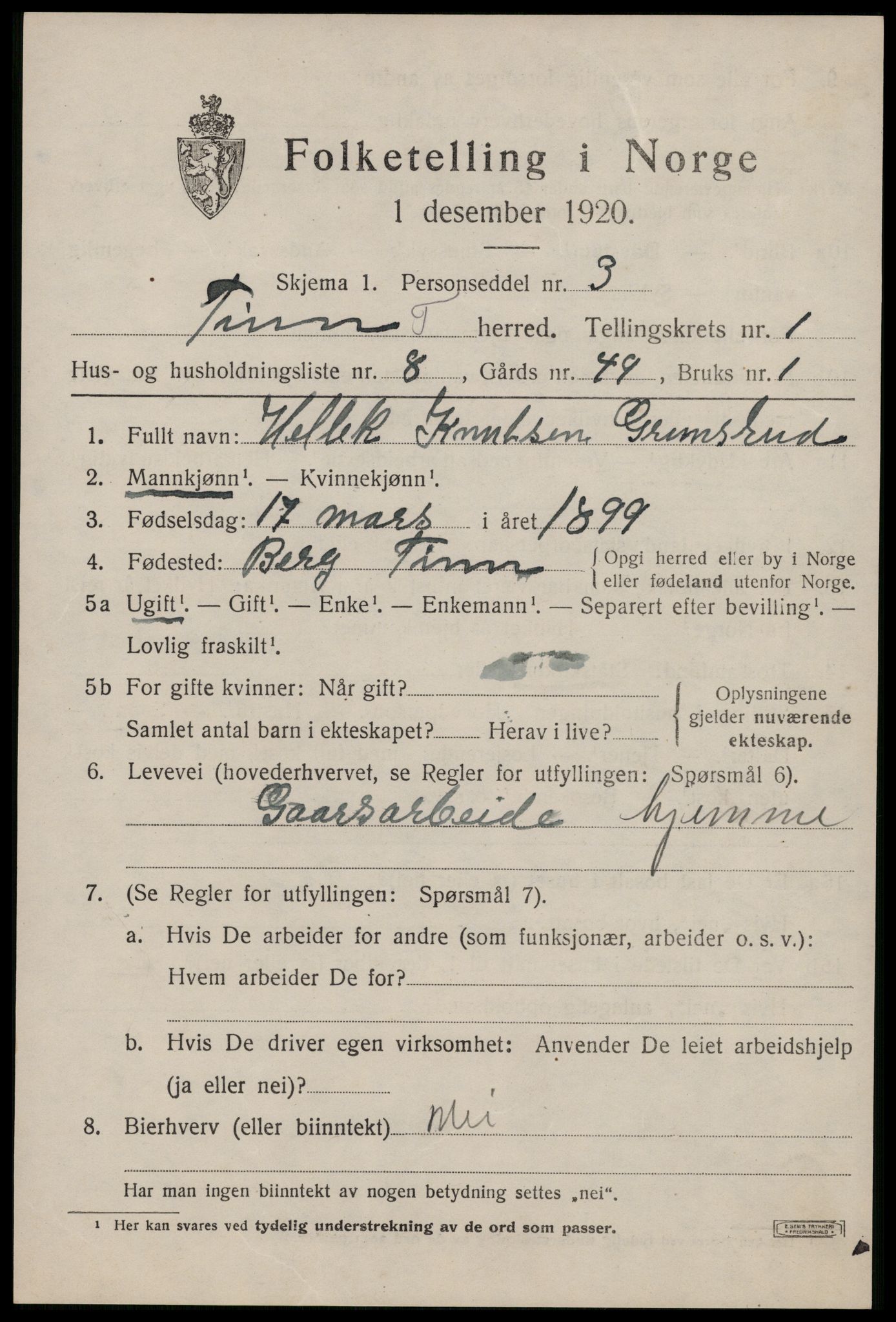 SAKO, 1920 census for Tinn, 1920, p. 2778