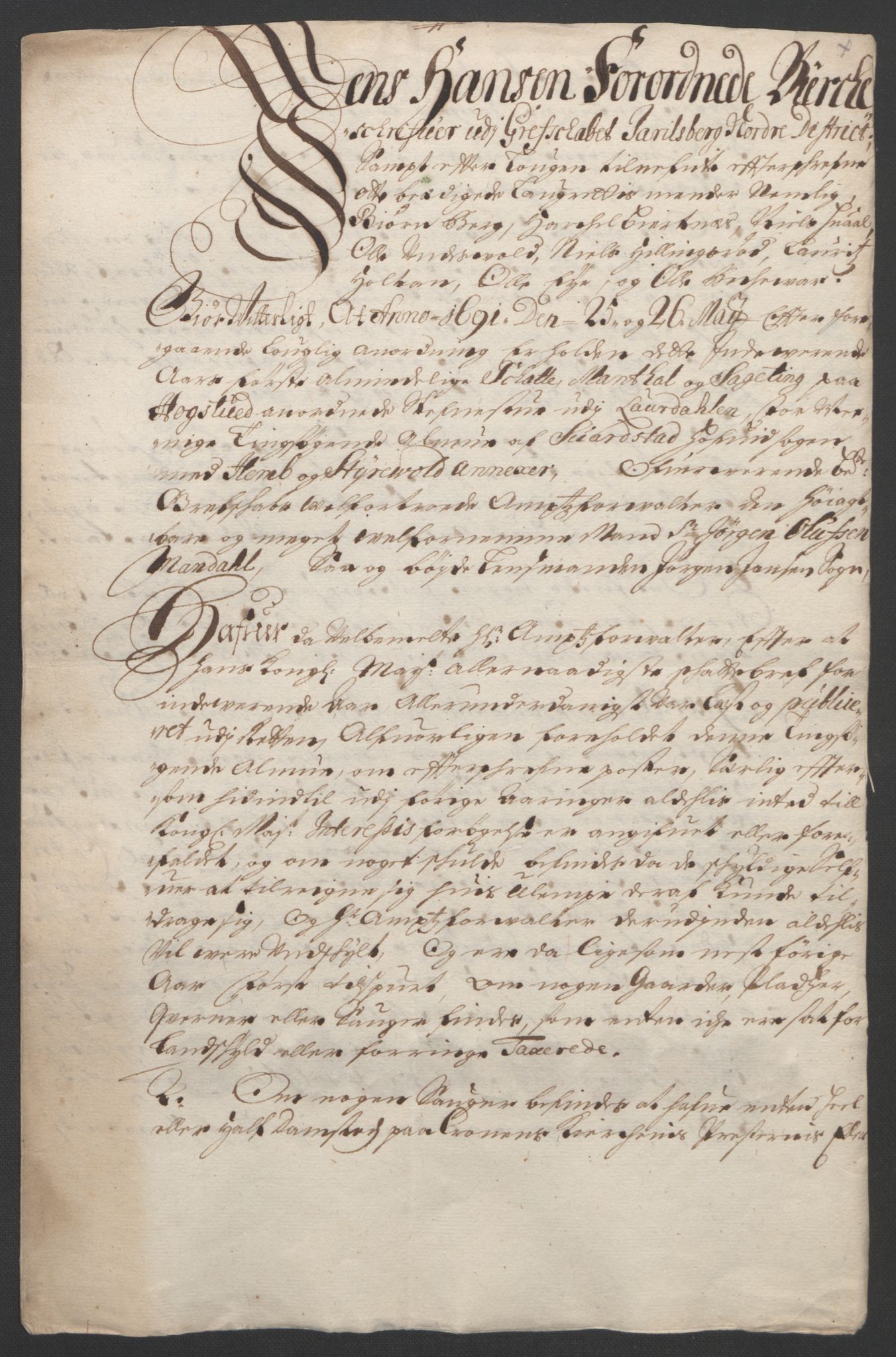 Rentekammeret inntil 1814, Reviderte regnskaper, Fogderegnskap, AV/RA-EA-4092/R32/L1864: Fogderegnskap Jarlsberg grevskap, 1691, p. 448