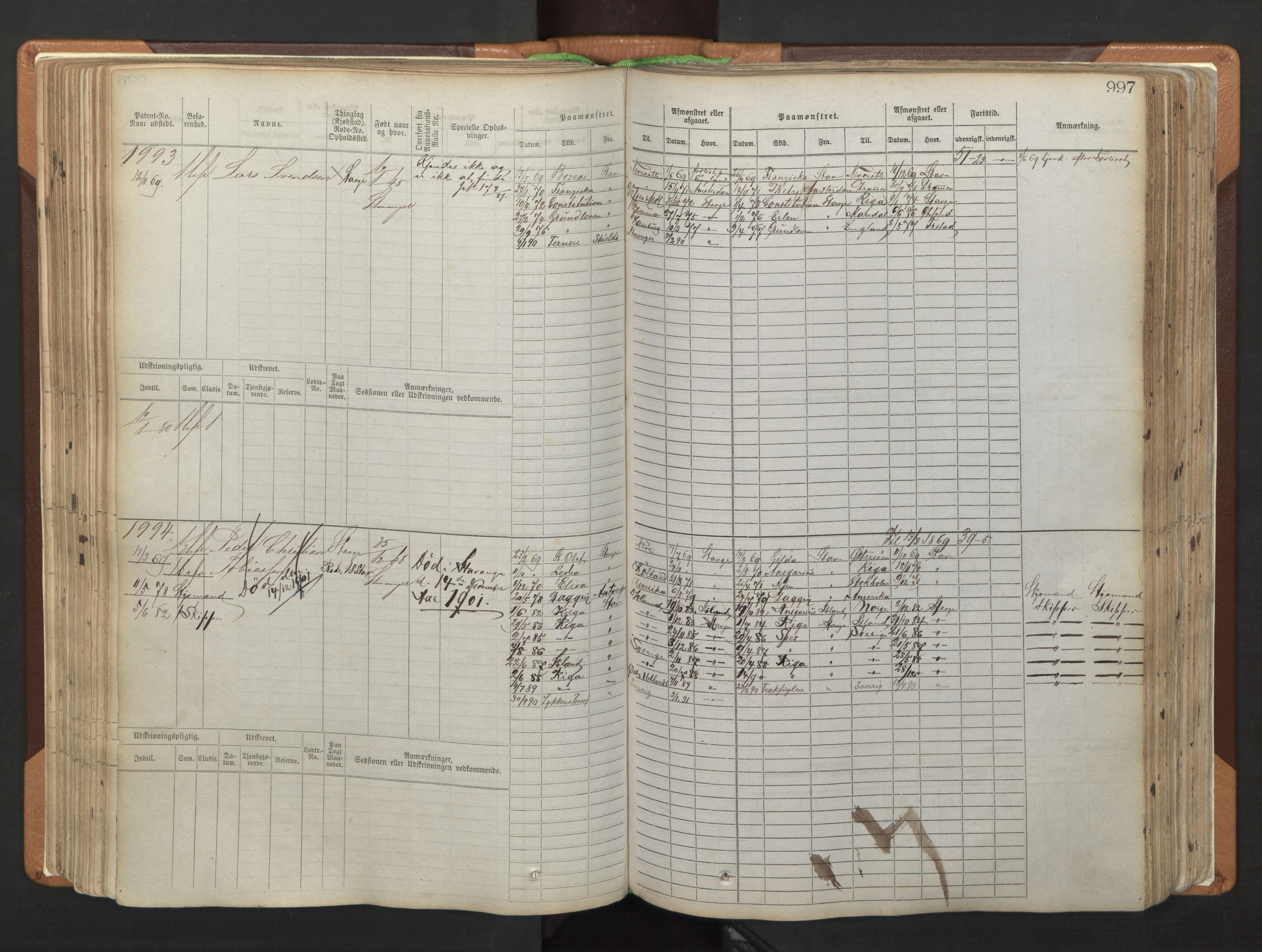 Stavanger sjømannskontor, SAST/A-102006/F/Fb/Fbb/L0006: Sjøfartshovedrulle, patentnr. 1607-2402 (del 3), 1869-1880, p. 197