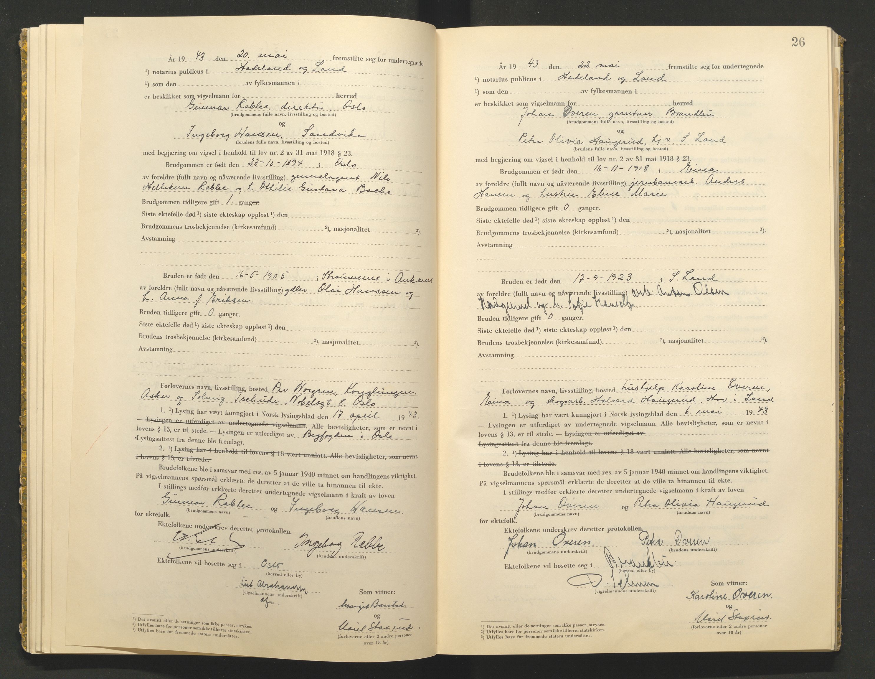 Hadeland og Land tingrett, AV/SAH-TING-010/L/Lb/L0002: Vigselbok, 1943-1944, p. 26