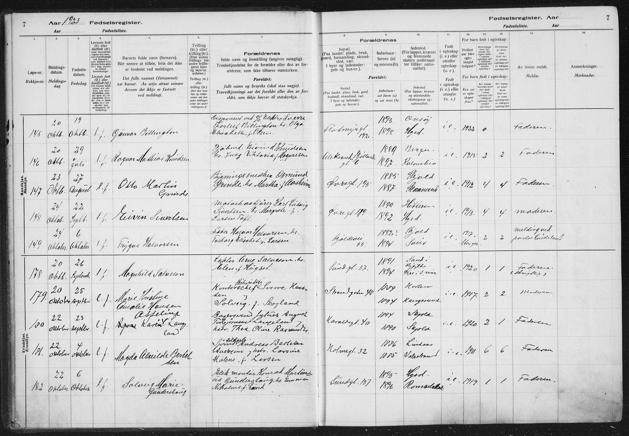 Haugesund sokneprestkontor, AV/SAST-A -101863/I/Id/L0005: Birth register no. 3, 1923-1929, p. 7