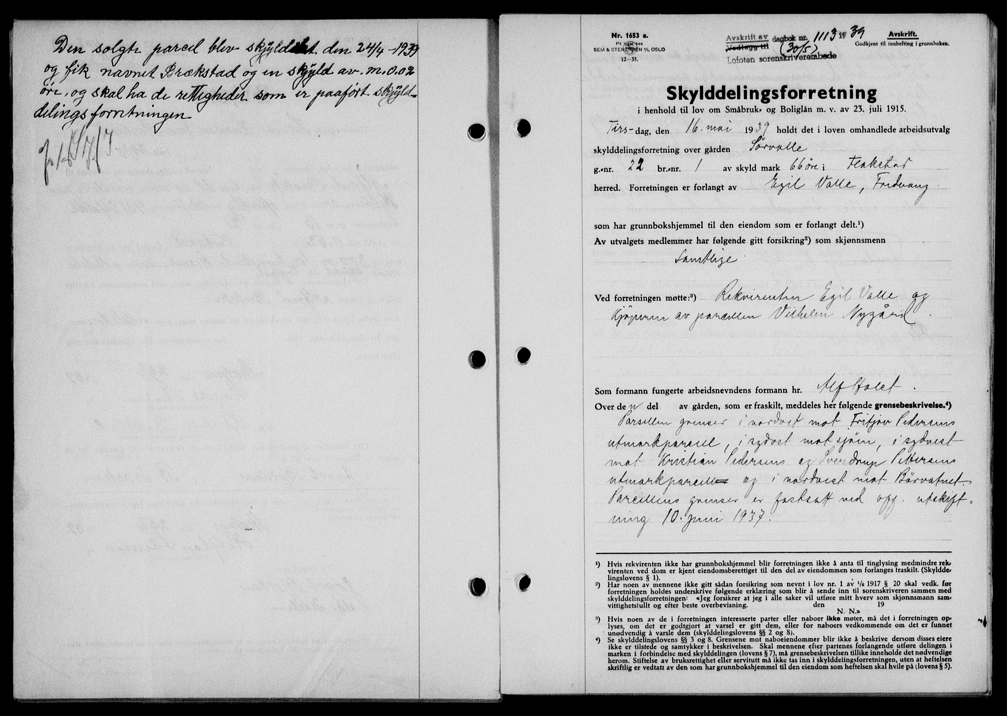 Lofoten sorenskriveri, SAT/A-0017/1/2/2C/L0005a: Mortgage book no. 5a, 1939-1939, Diary no: : 1113/1939