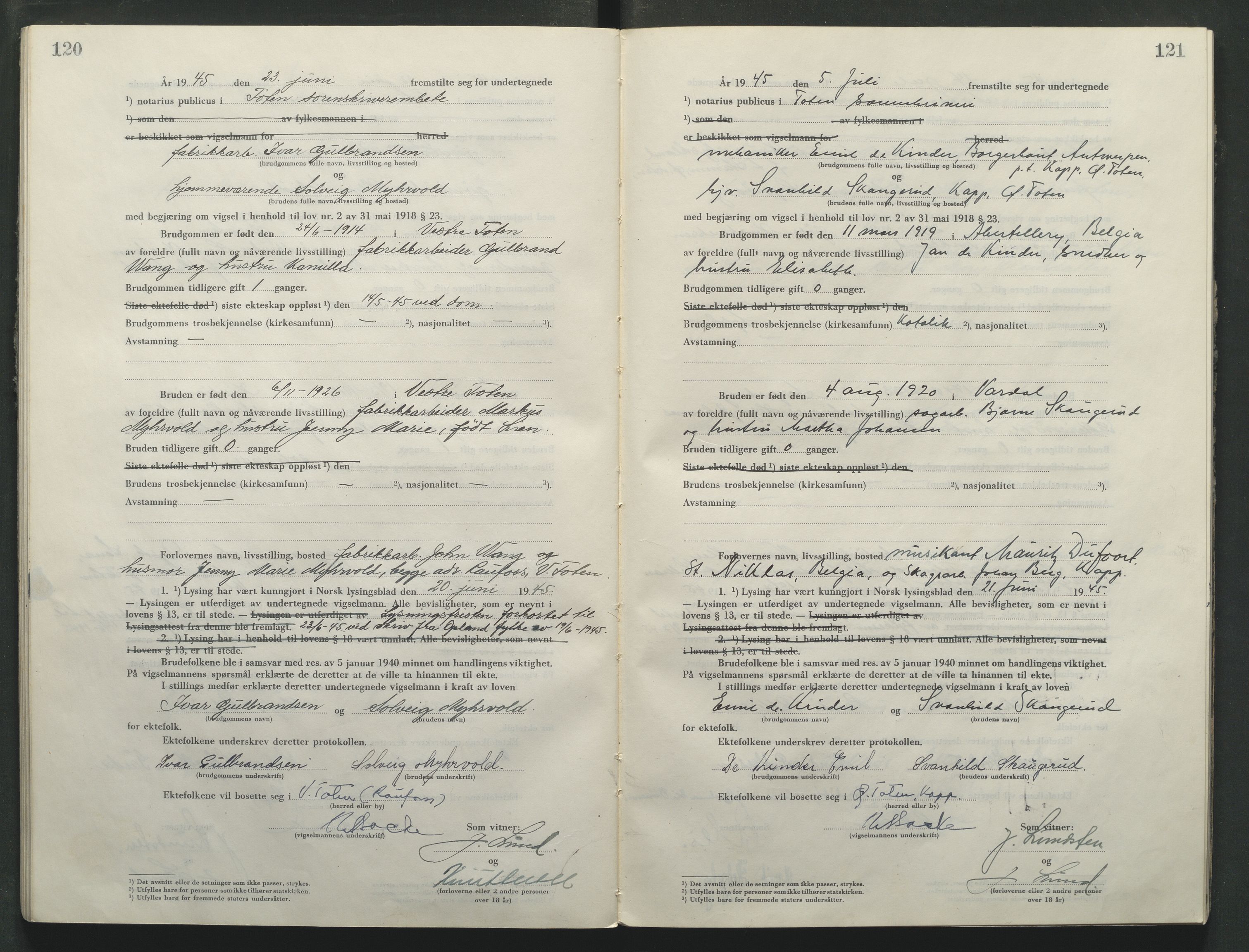Toten tingrett, AV/SAH-TING-006/L/Lc/L0005: Vigselbok, 1944-1948, p. 120-121