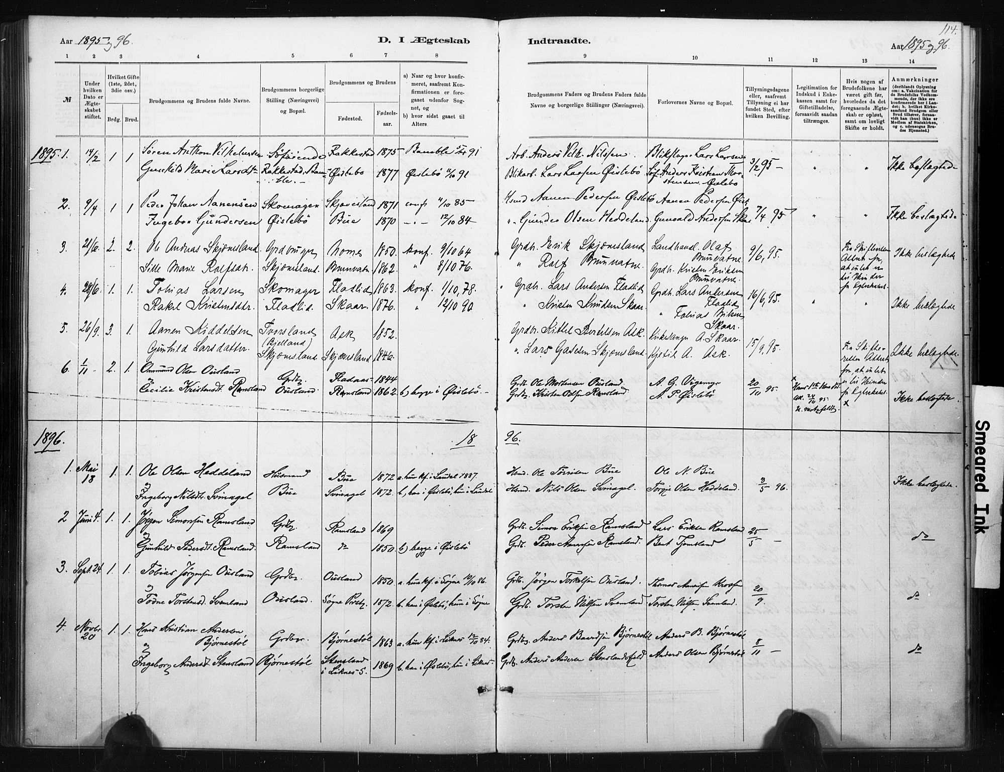 Holum sokneprestkontor, AV/SAK-1111-0022/F/Fa/Fac/L0004: Parish register (official) no. A 4, 1884-1907, p. 114