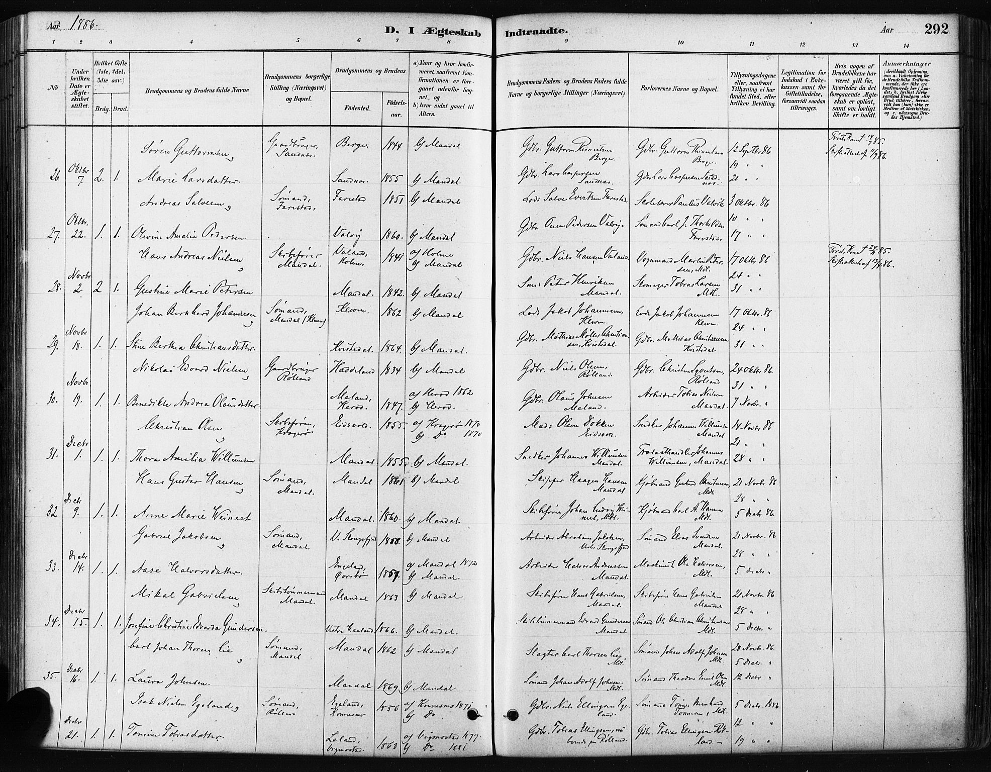 Mandal sokneprestkontor, AV/SAK-1111-0030/F/Fa/Faa/L0016: Parish register (official) no. A 16, 1880-1890, p. 292