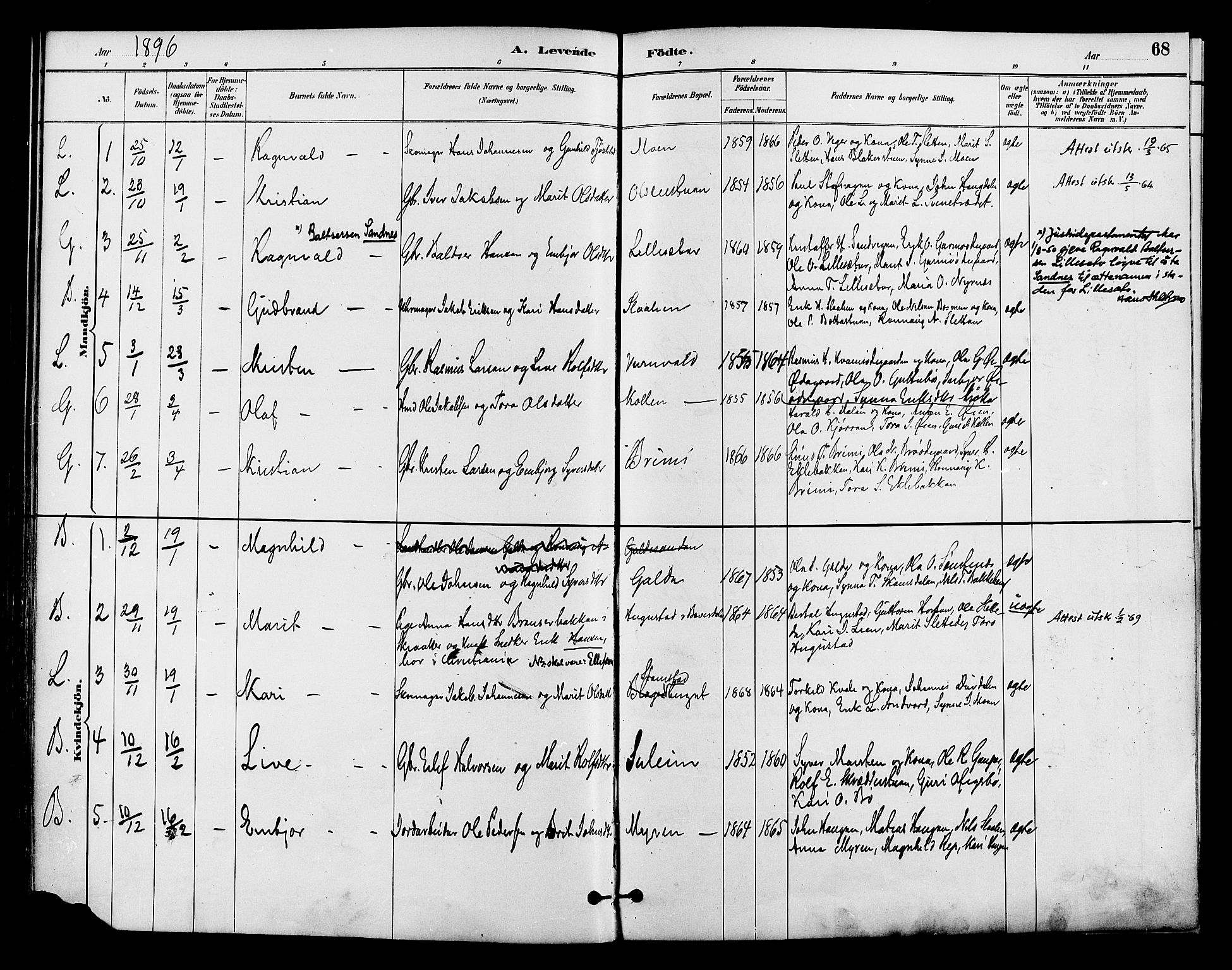 Lom prestekontor, SAH/PREST-070/K/L0008: Parish register (official) no. 8, 1885-1898, p. 68