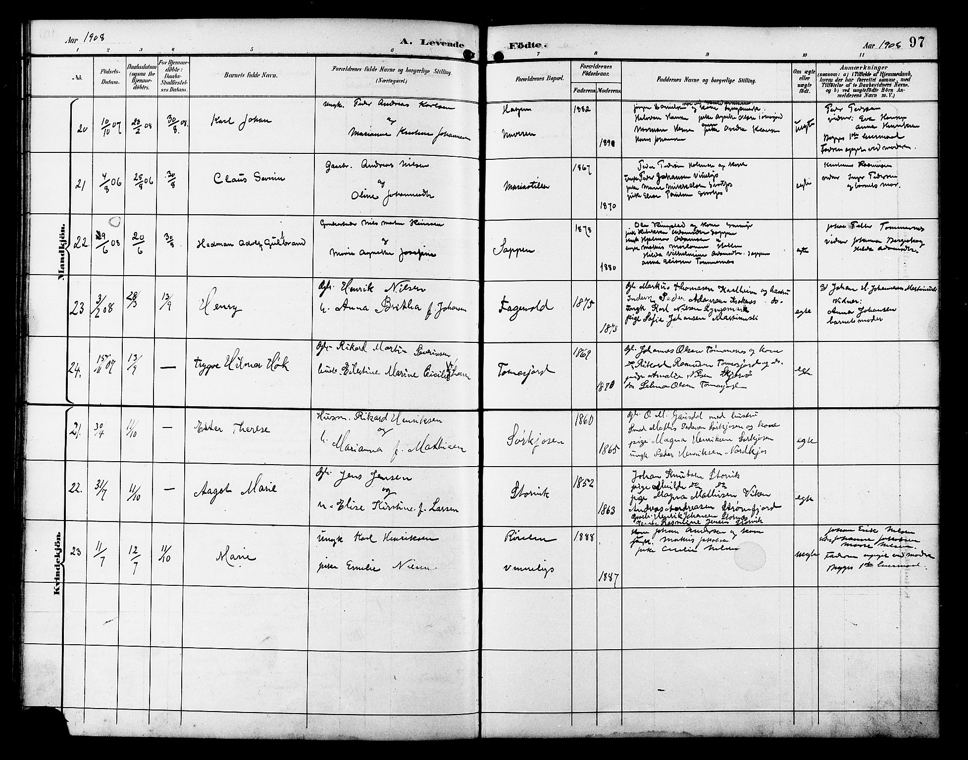 Skjervøy sokneprestkontor, AV/SATØ-S-1300/H/Ha/Hab/L0021klokker: Parish register (copy) no. 21, 1893-1910, p. 97