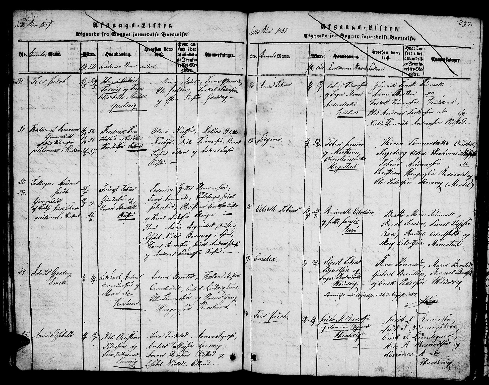 Lyngdal sokneprestkontor, AV/SAK-1111-0029/F/Fb/Fba/L0001: Parish register (copy) no. B 1, 1816-1876, p. 297