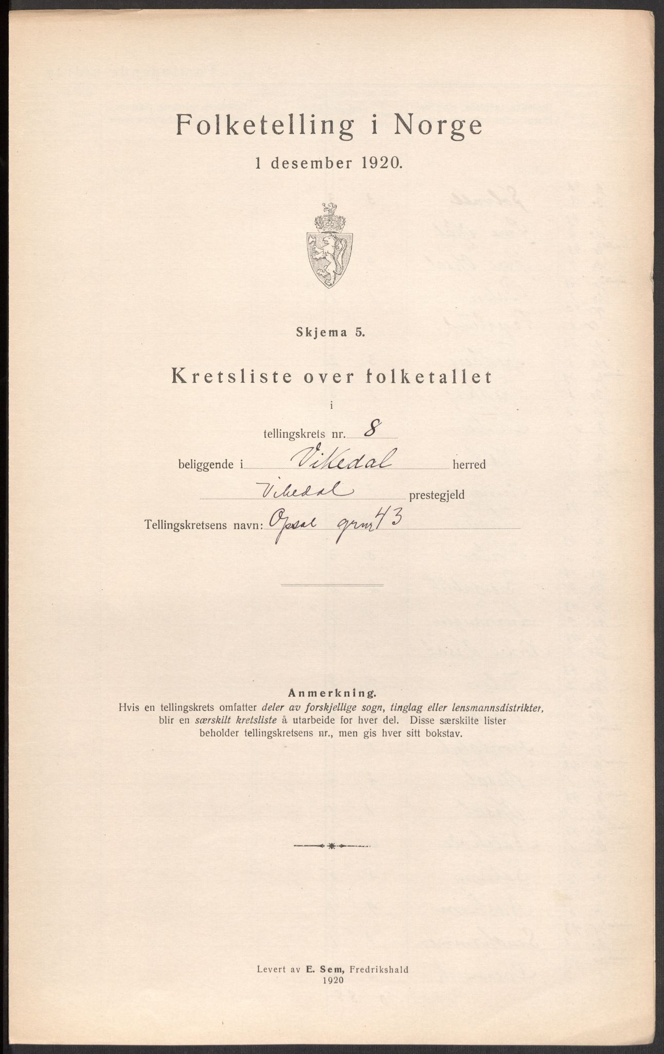 SAST, 1920 census for Vikedal, 1920, p. 93