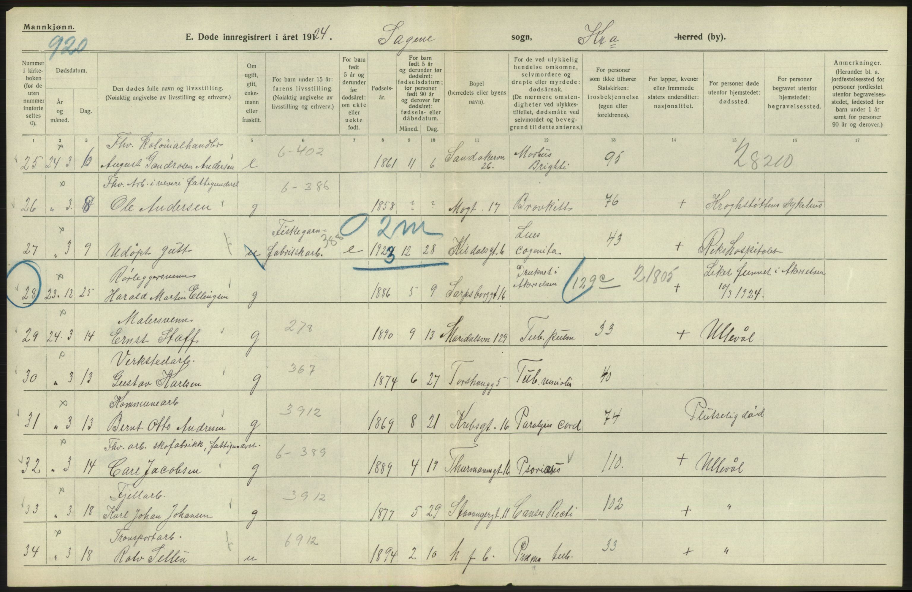 Statistisk sentralbyrå, Sosiodemografiske emner, Befolkning, AV/RA-S-2228/D/Df/Dfc/Dfcd/L0008: Kristiania: Døde menn, 1924, p. 356