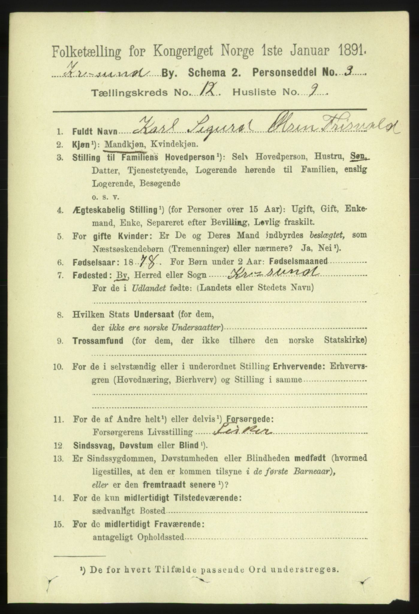 RA, 1891 census for 1503 Kristiansund, 1891, p. 9245