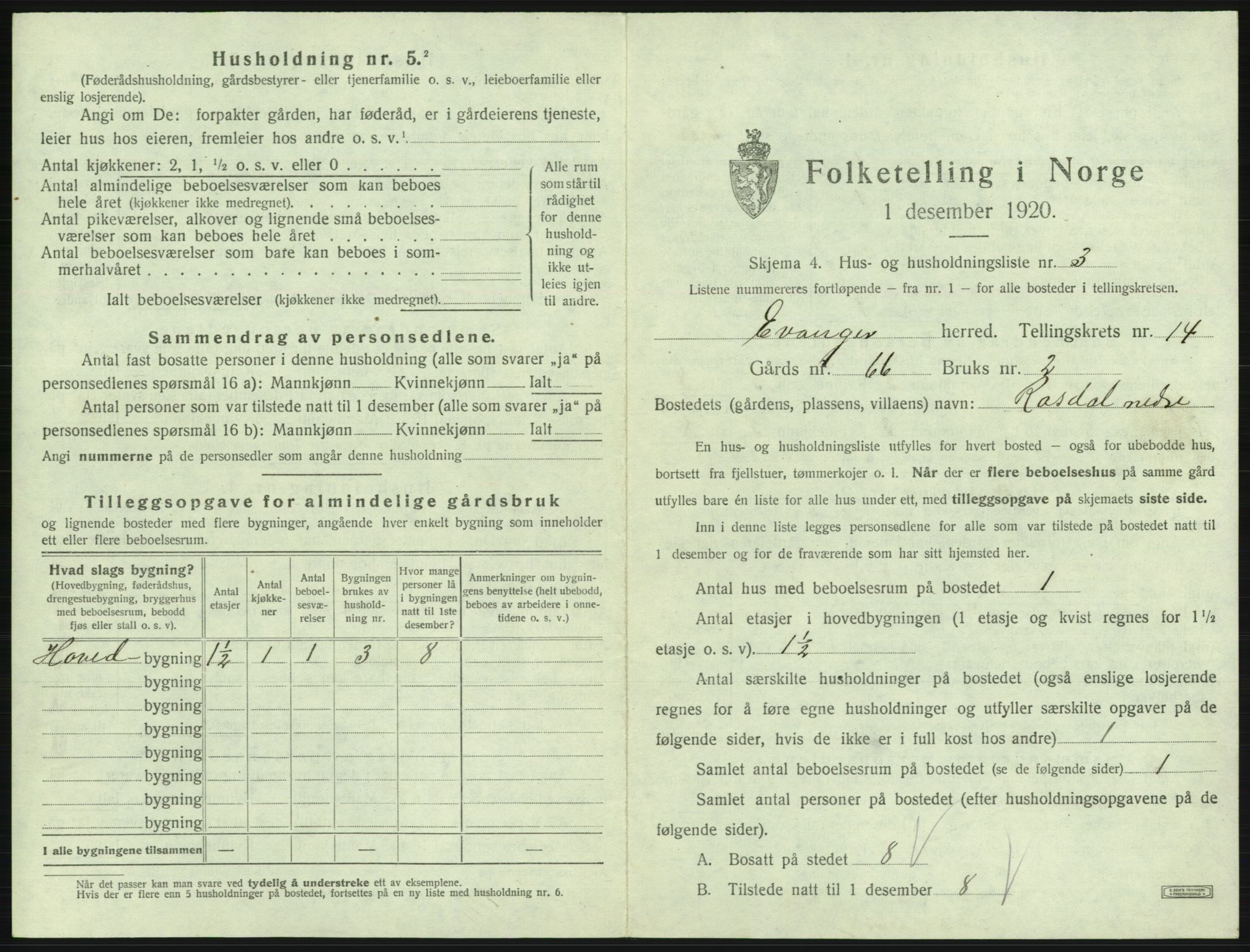 SAB, 1920 census for Evanger, 1920, p. 639