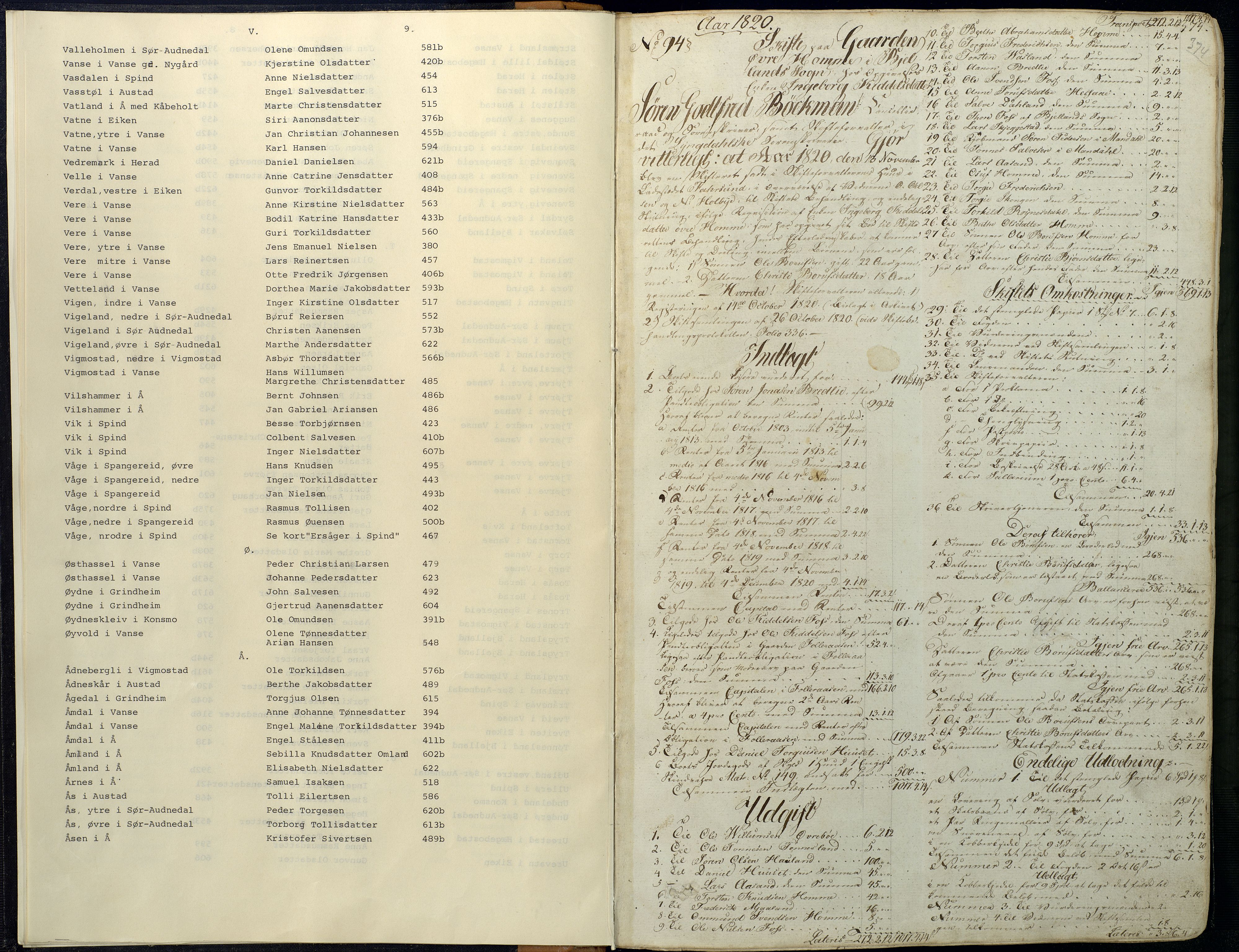 Lyngdal sorenskriveri, SAK/1221-0004/H/Hc/L0890: Skifteutlodningsprotokoll med register nr. 2, 1820-1829, p. 374