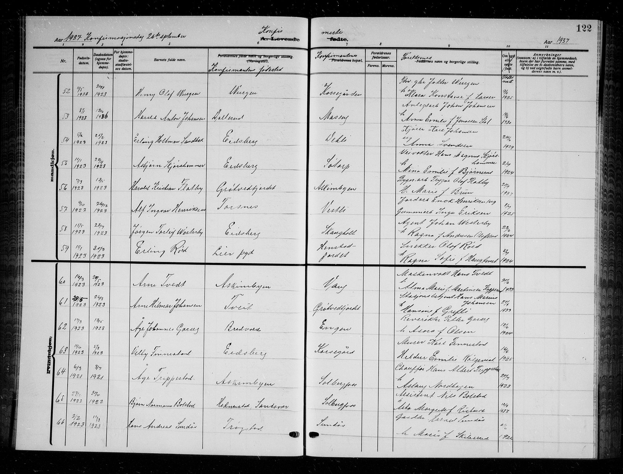 Askim prestekontor Kirkebøker, AV/SAO-A-10900/G/Ga/L0003: Parish register (copy) no. 3, 1921-1937, p. 122