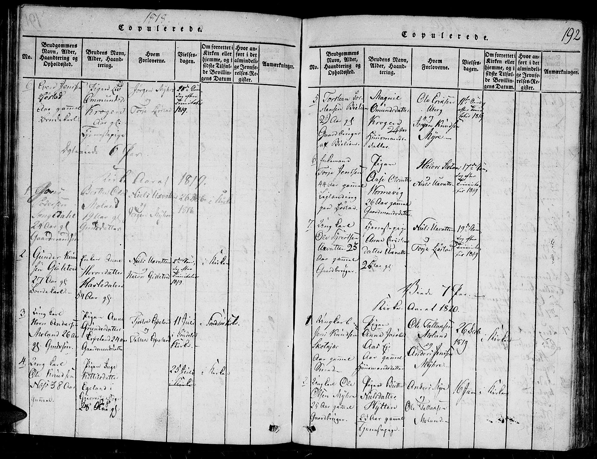 Gjerstad sokneprestkontor, SAK/1111-0014/F/Fb/Fbb/L0001: Parish register (copy) no. B 1, 1813-1863, p. 192