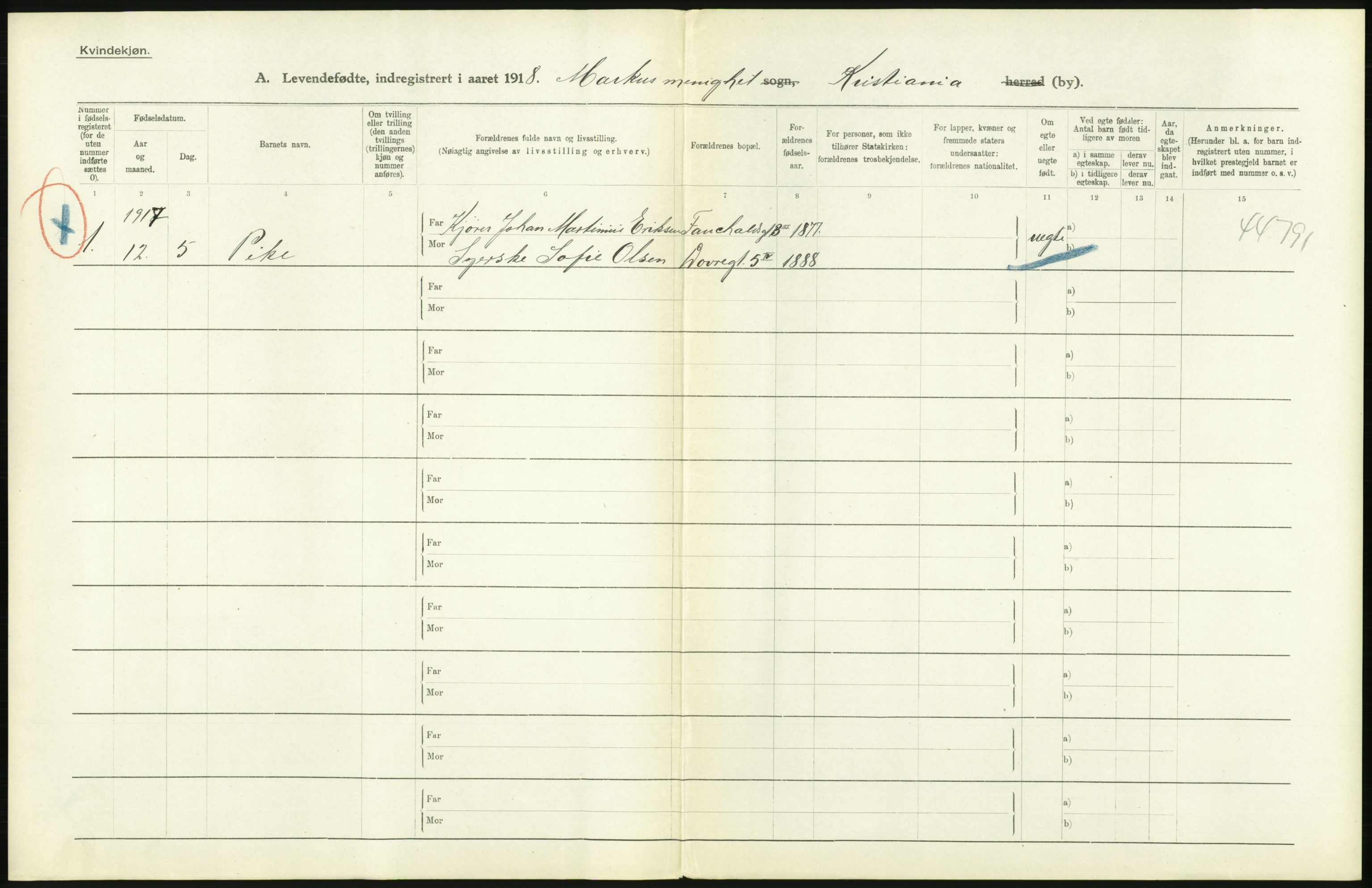 Statistisk sentralbyrå, Sosiodemografiske emner, Befolkning, AV/RA-S-2228/D/Df/Dfb/Dfbh/L0007: Kristiania: Levendefødte menn og kvinner., 1918, p. 322