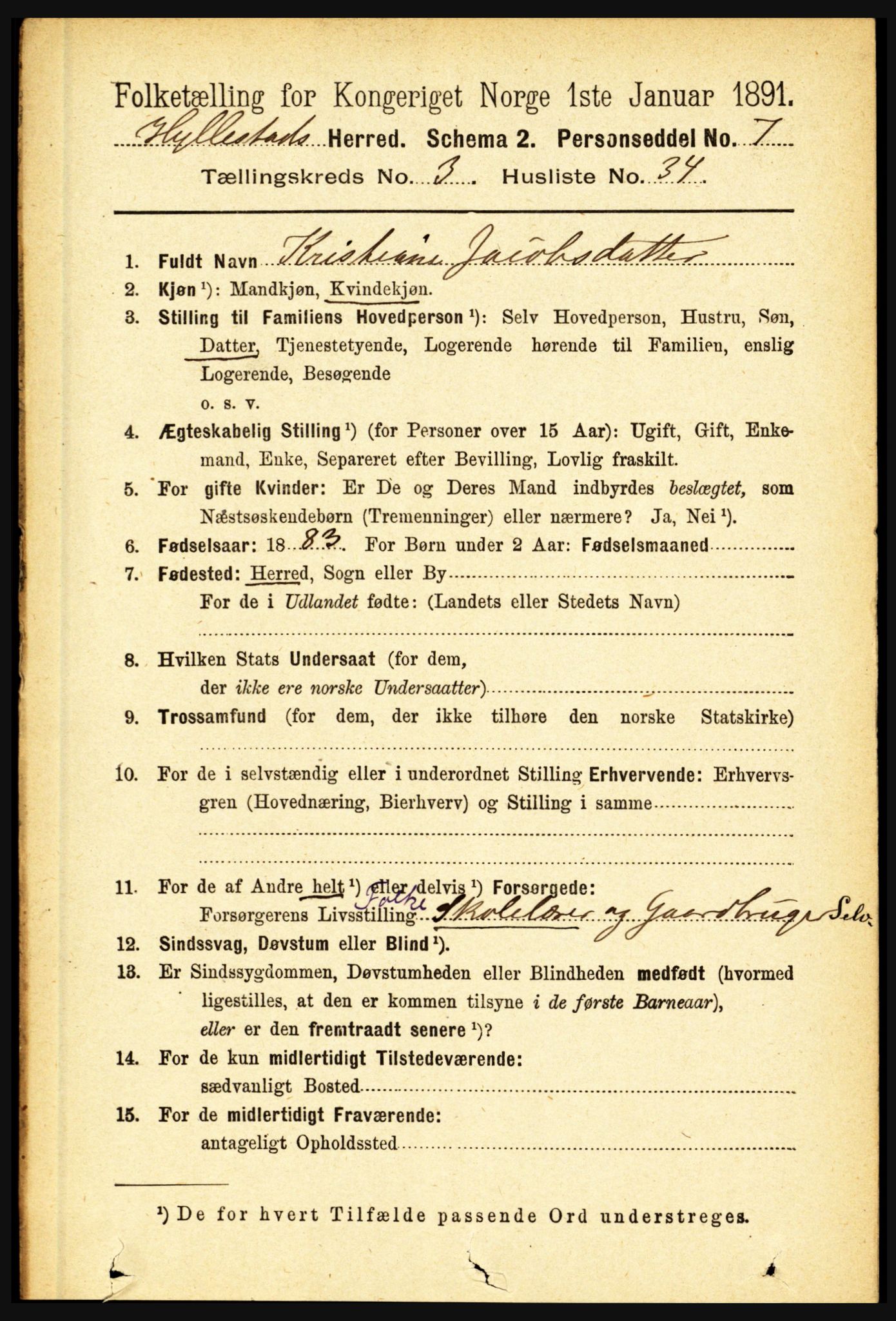 RA, 1891 census for 1413 Hyllestad, 1891, p. 537