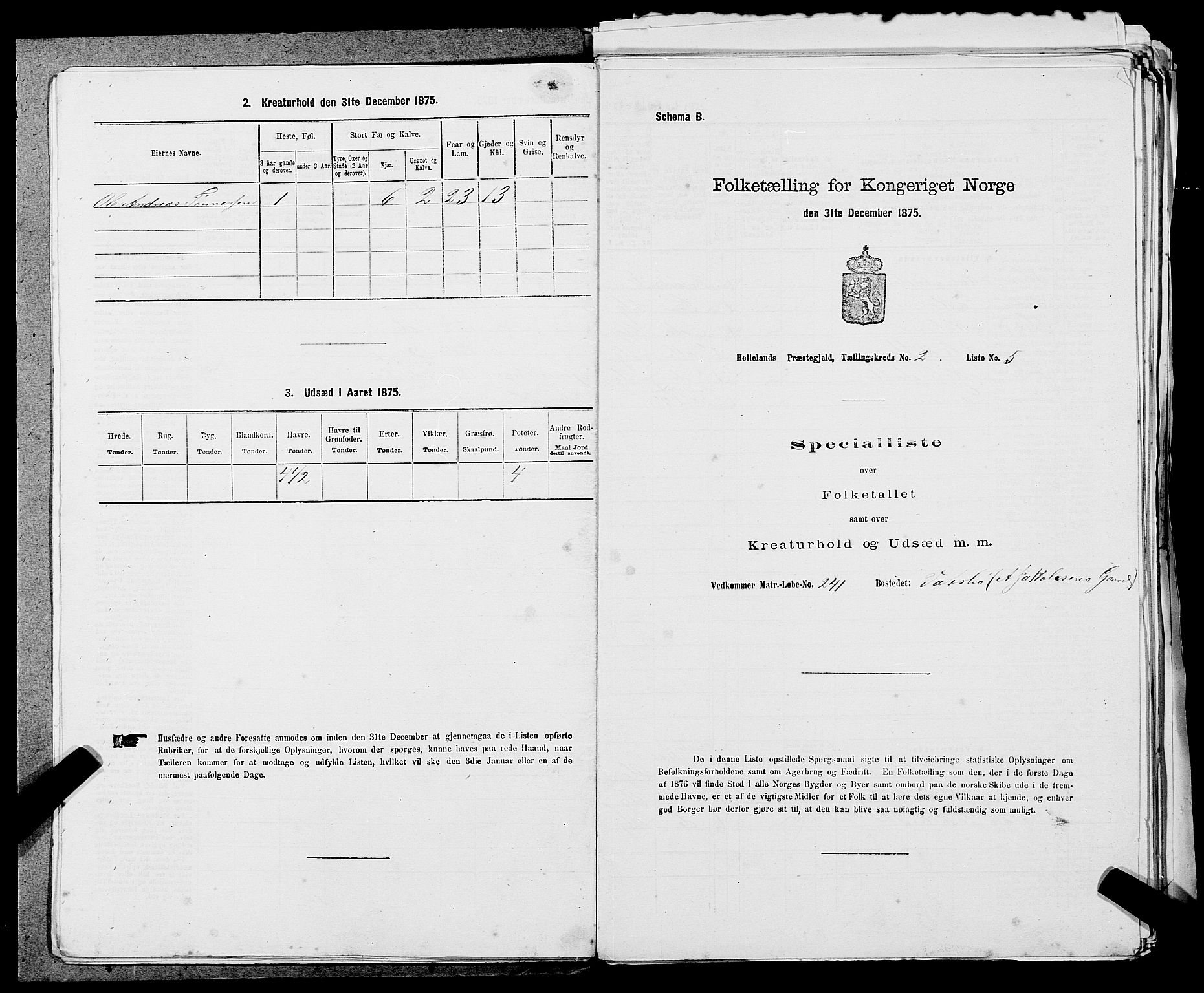 SAST, 1875 census for 1115P Helleland, 1875, p. 682