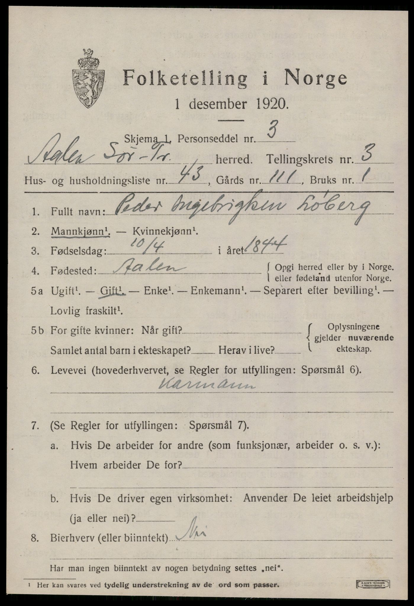 SAT, 1920 census for Ålen, 1920, p. 2060