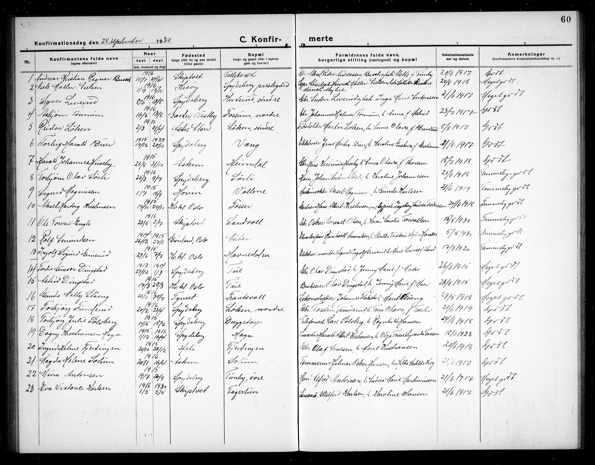 Spydeberg prestekontor Kirkebøker, AV/SAO-A-10924/G/Ga/L0003: Parish register (copy) no. I 3, 1918-1934, p. 60