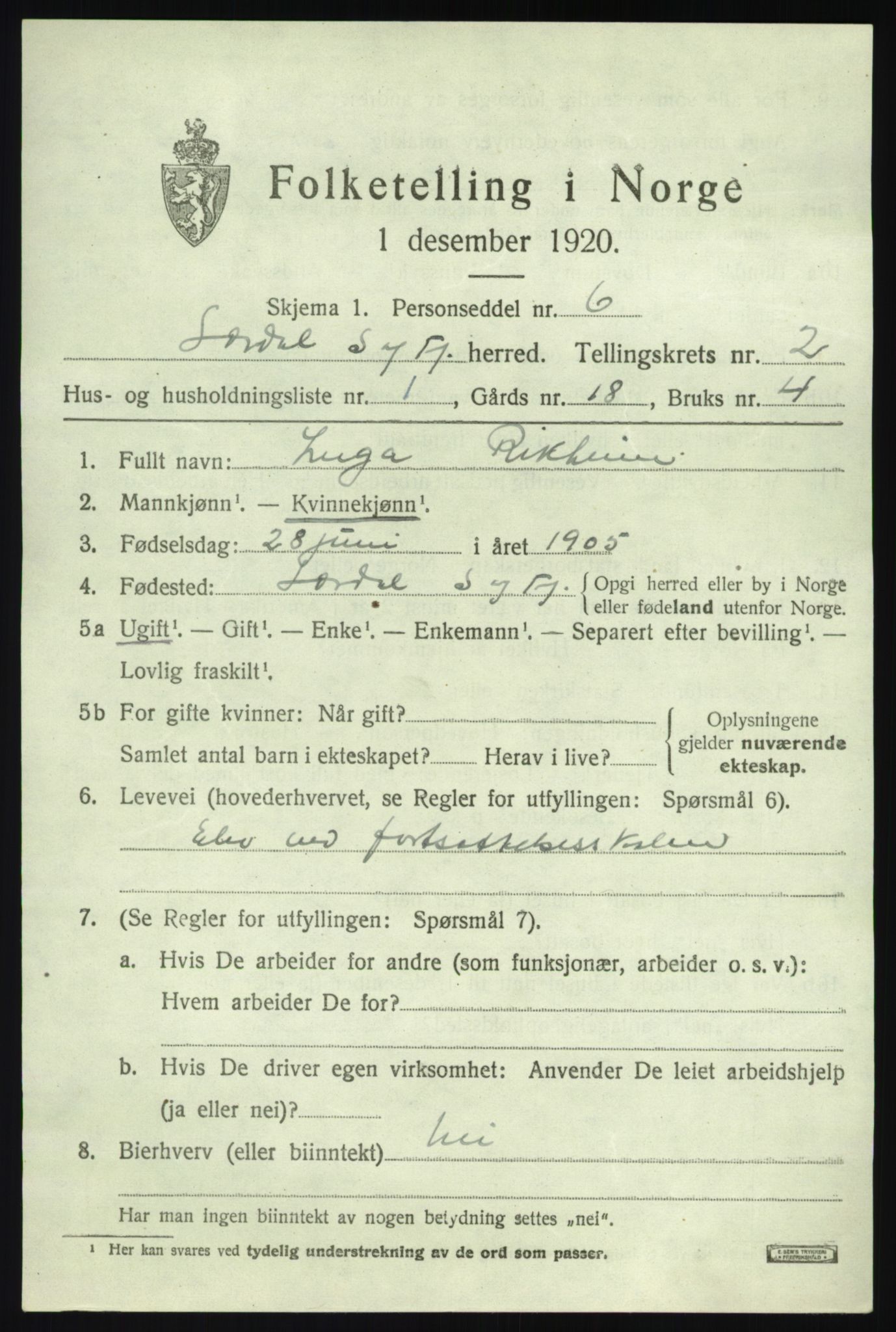 SAB, 1920 census for Lærdal, 1920, p. 1252