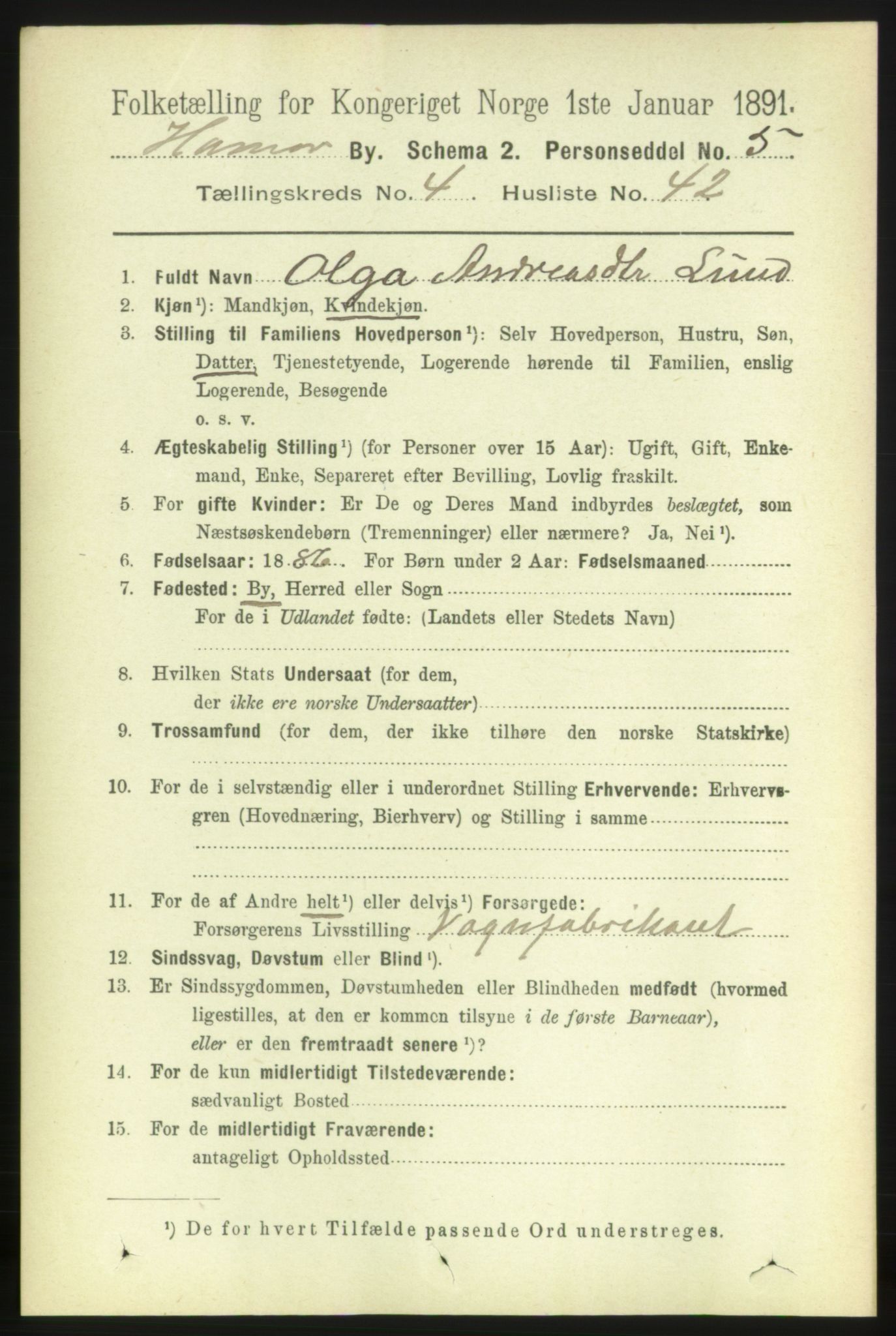 RA, 1891 census for 0401 Hamar, 1891, p. 3597