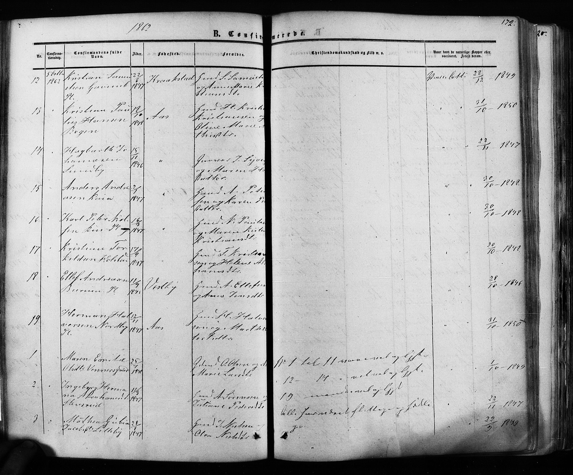 Ås prestekontor Kirkebøker, AV/SAO-A-10894/F/Fa/L0007: Parish register (official) no. I 7, 1854-1870, p. 172