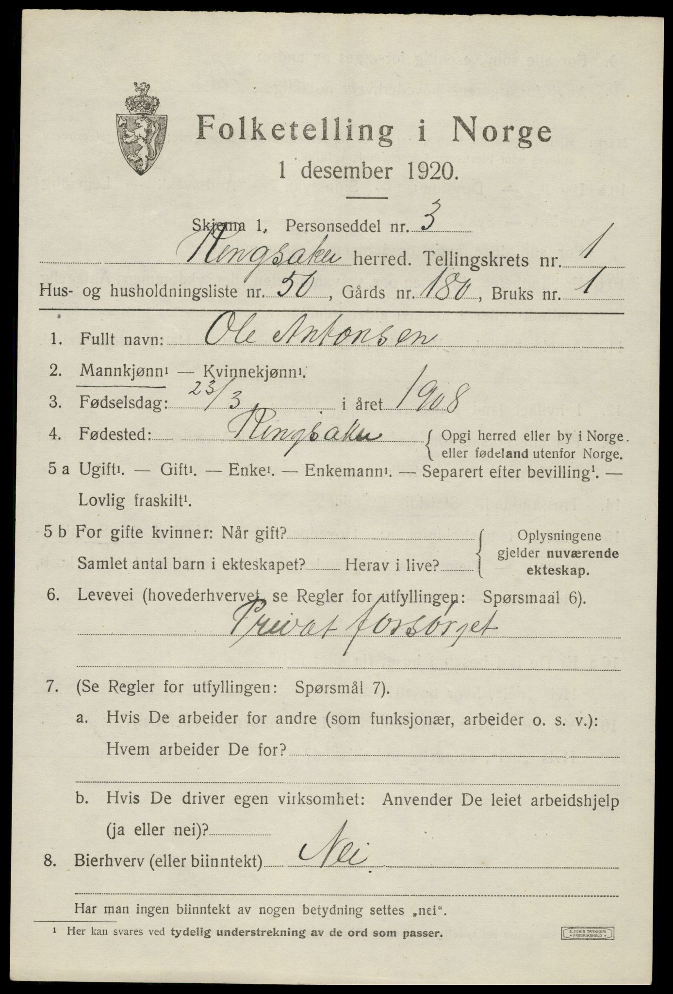 SAH, 1920 census for Ringsaker, 1920, p. 4940