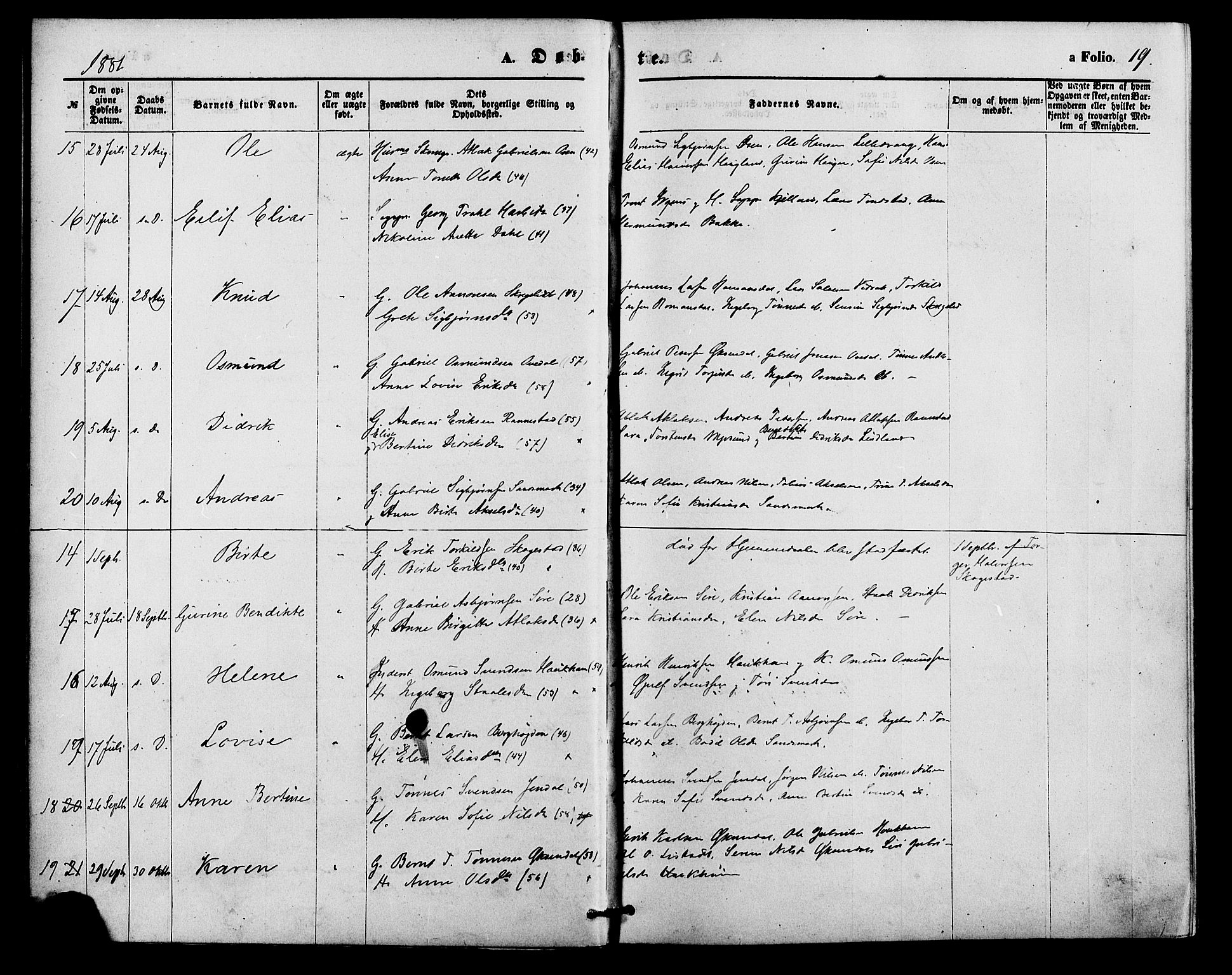 Bakke sokneprestkontor, AV/SAK-1111-0002/F/Fa/Faa/L0007: Parish register (official) no. A 7, 1877-1886, p. 19