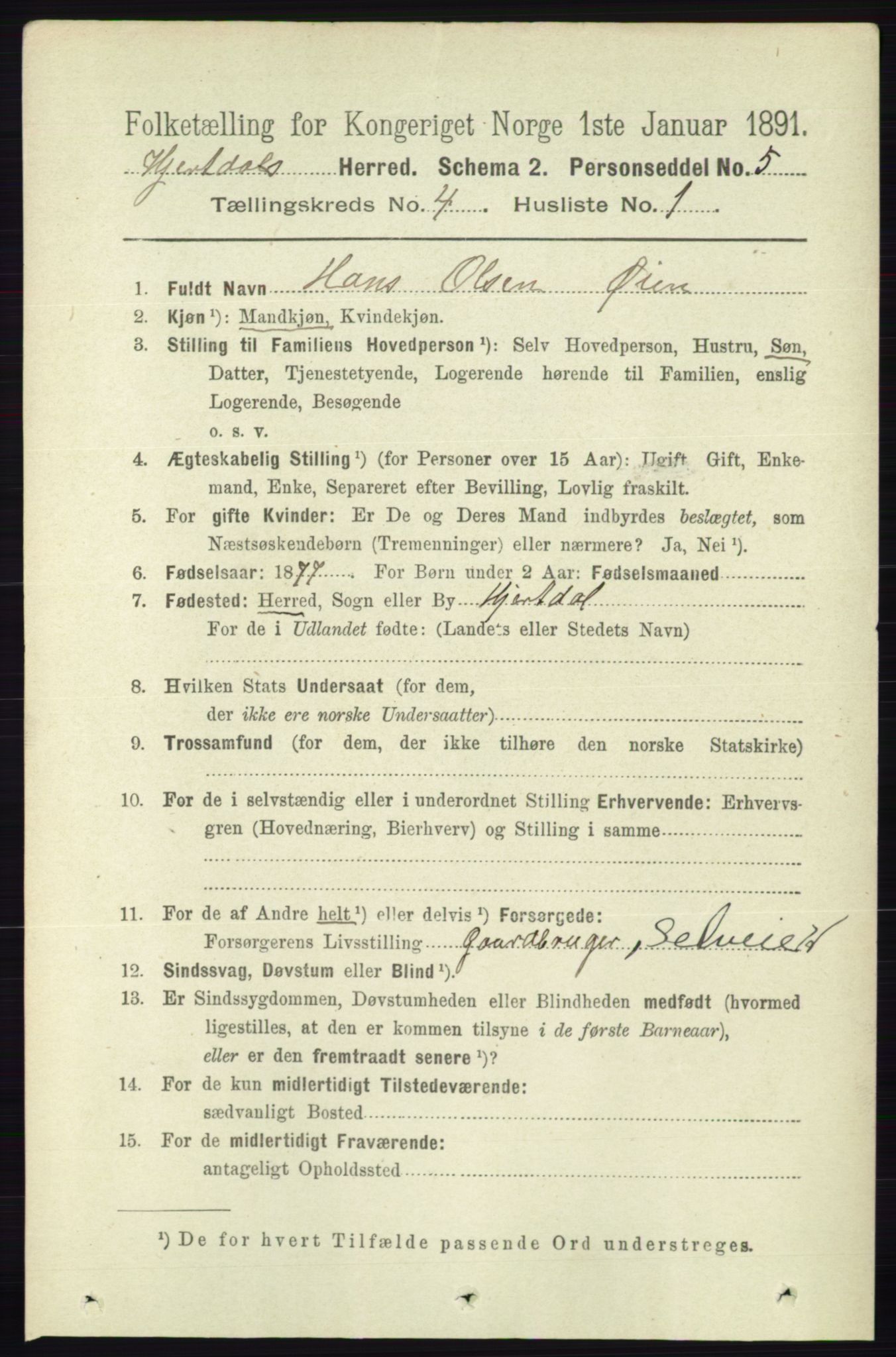 RA, 1891 census for 0827 Hjartdal, 1891, p. 1400