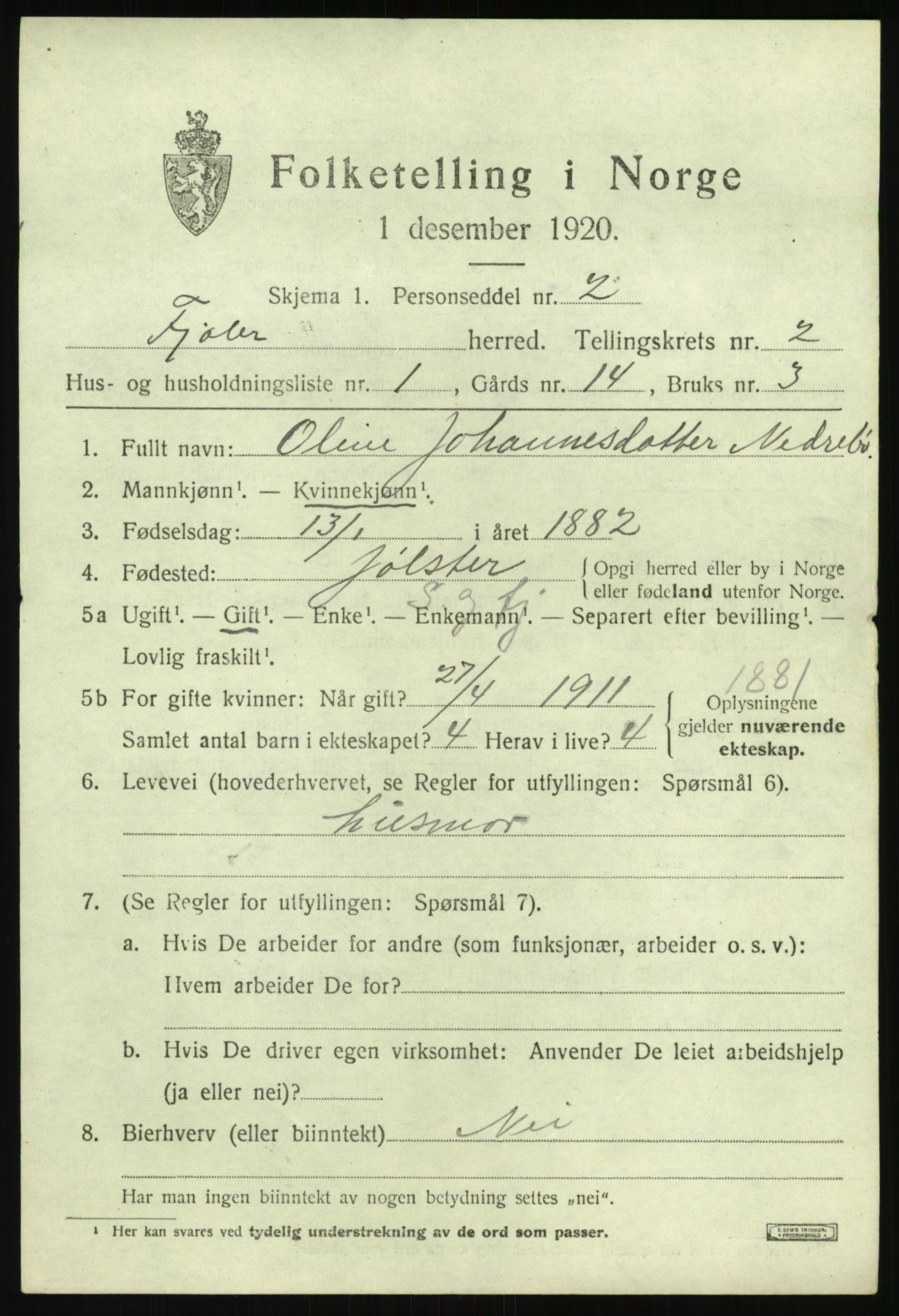 SAB, 1920 census for Fjaler, 1920, p. 1815