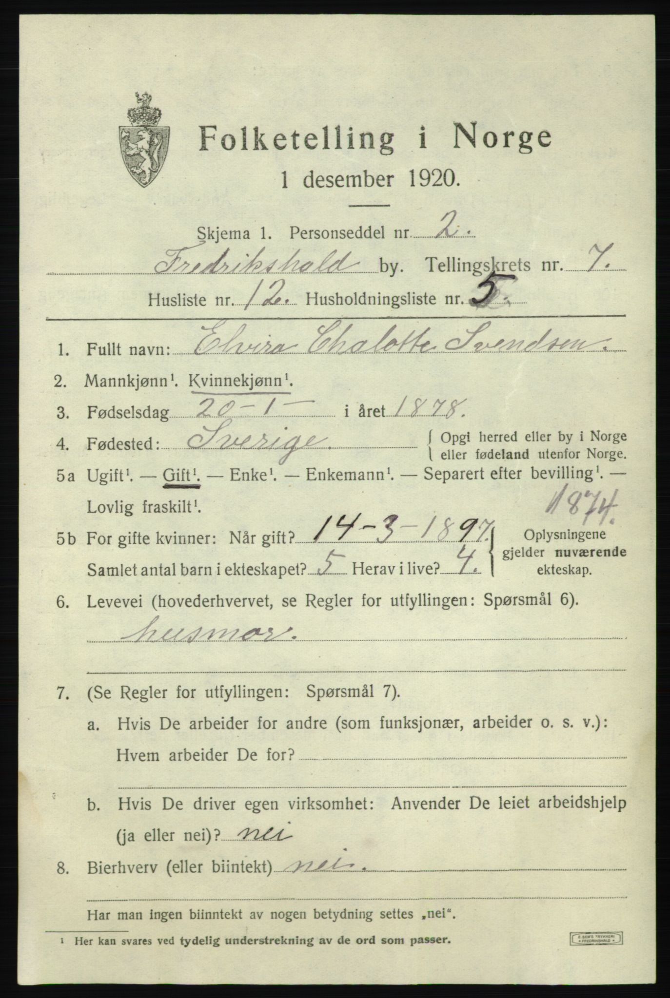 SAO, 1920 census for Fredrikshald, 1920, p. 14078