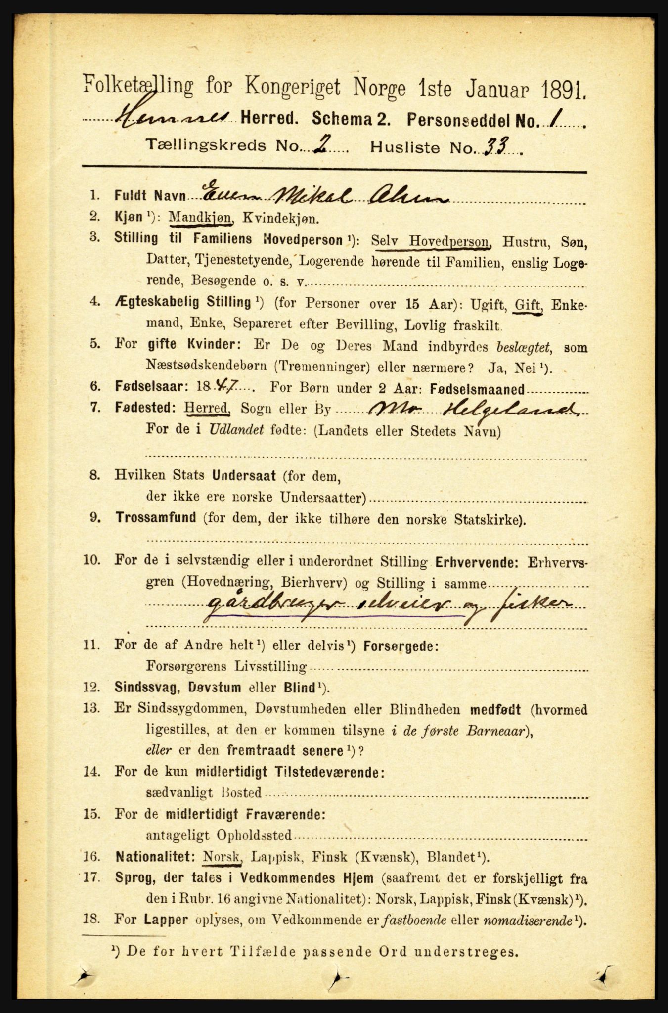 RA, 1891 census for 1832 Hemnes, 1891, p. 1466