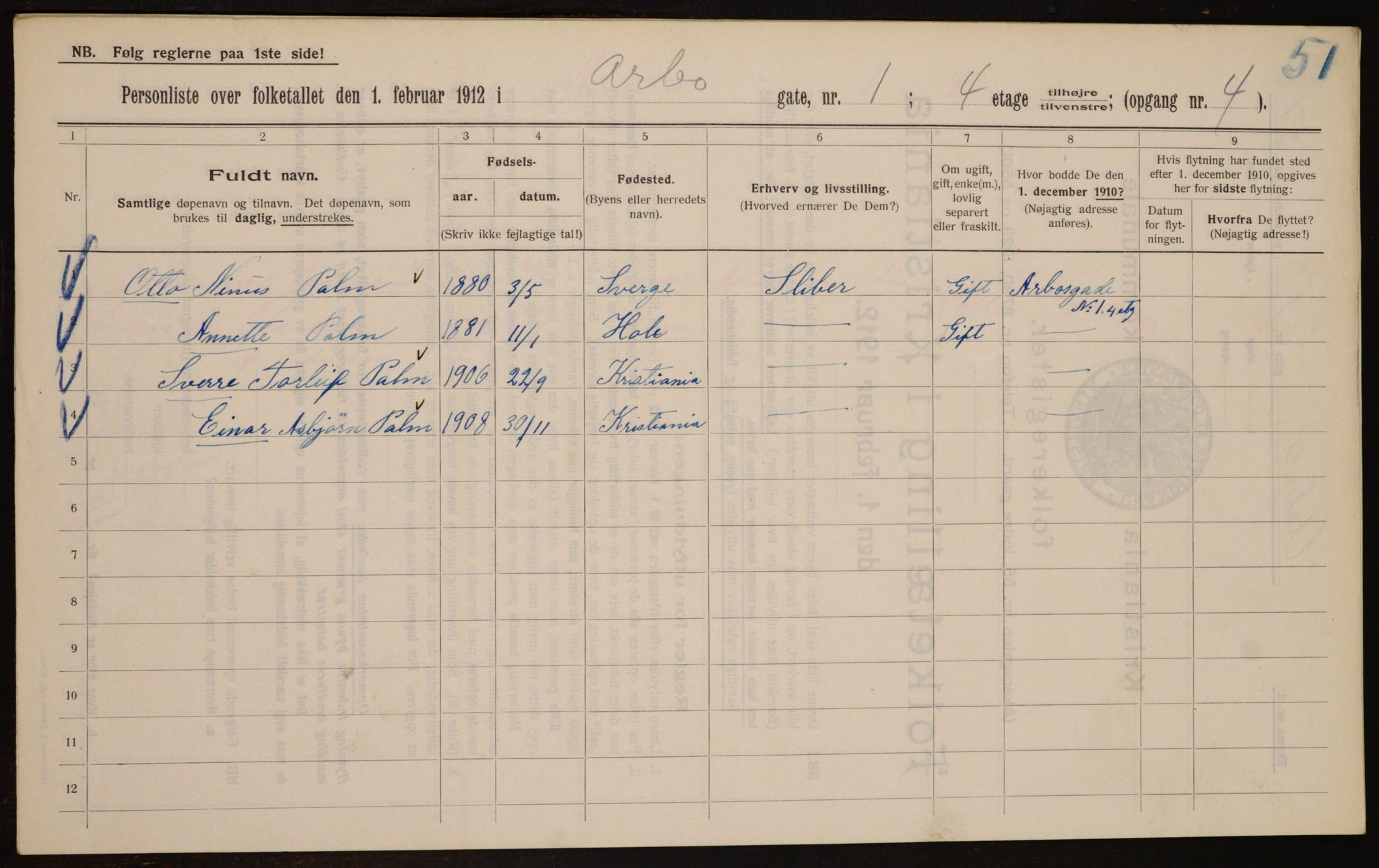 OBA, Municipal Census 1912 for Kristiania, 1912, p. 1634